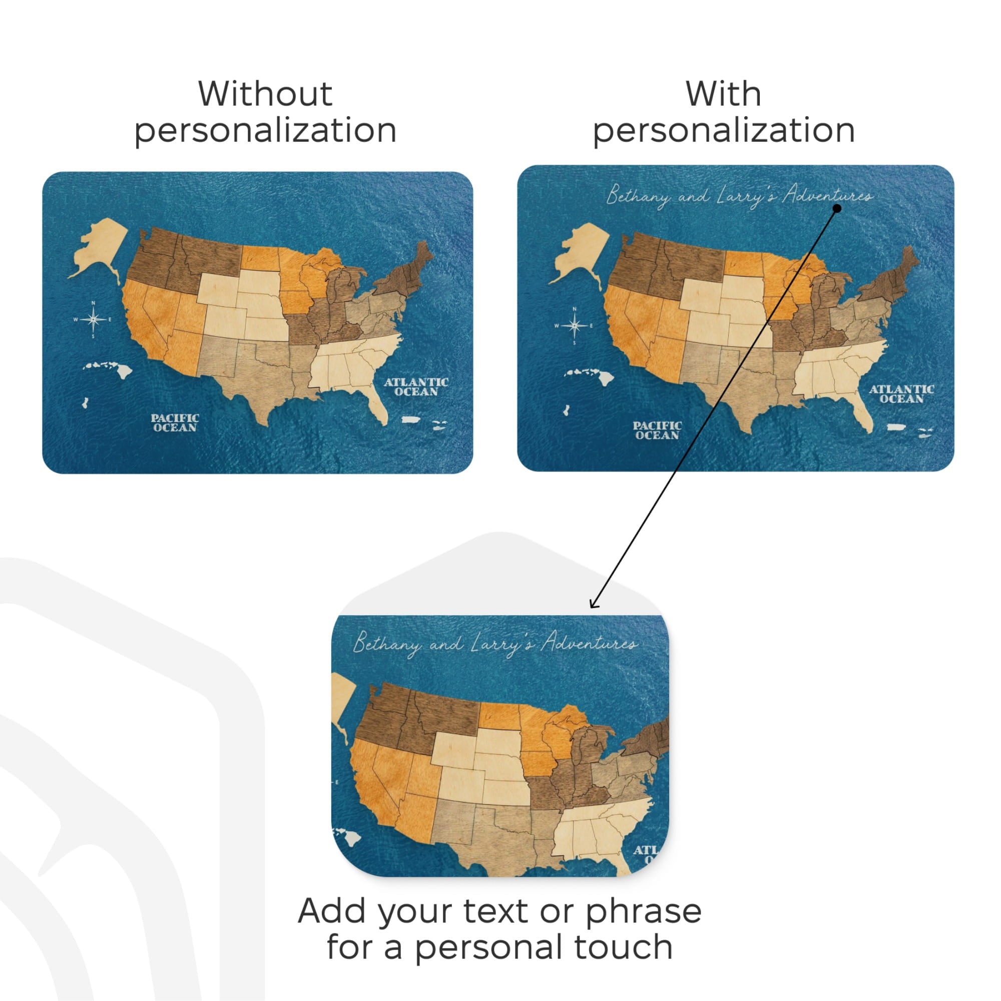 An explanatory graphic showing a map of the United States on a card, labeled 'Without personalization' and 'With personalization,' with a connector pointing to a customized version that includes the text 'Bethany and Larry's Adventures.' A final label says, 'Add your text or phrase for a personal touch.