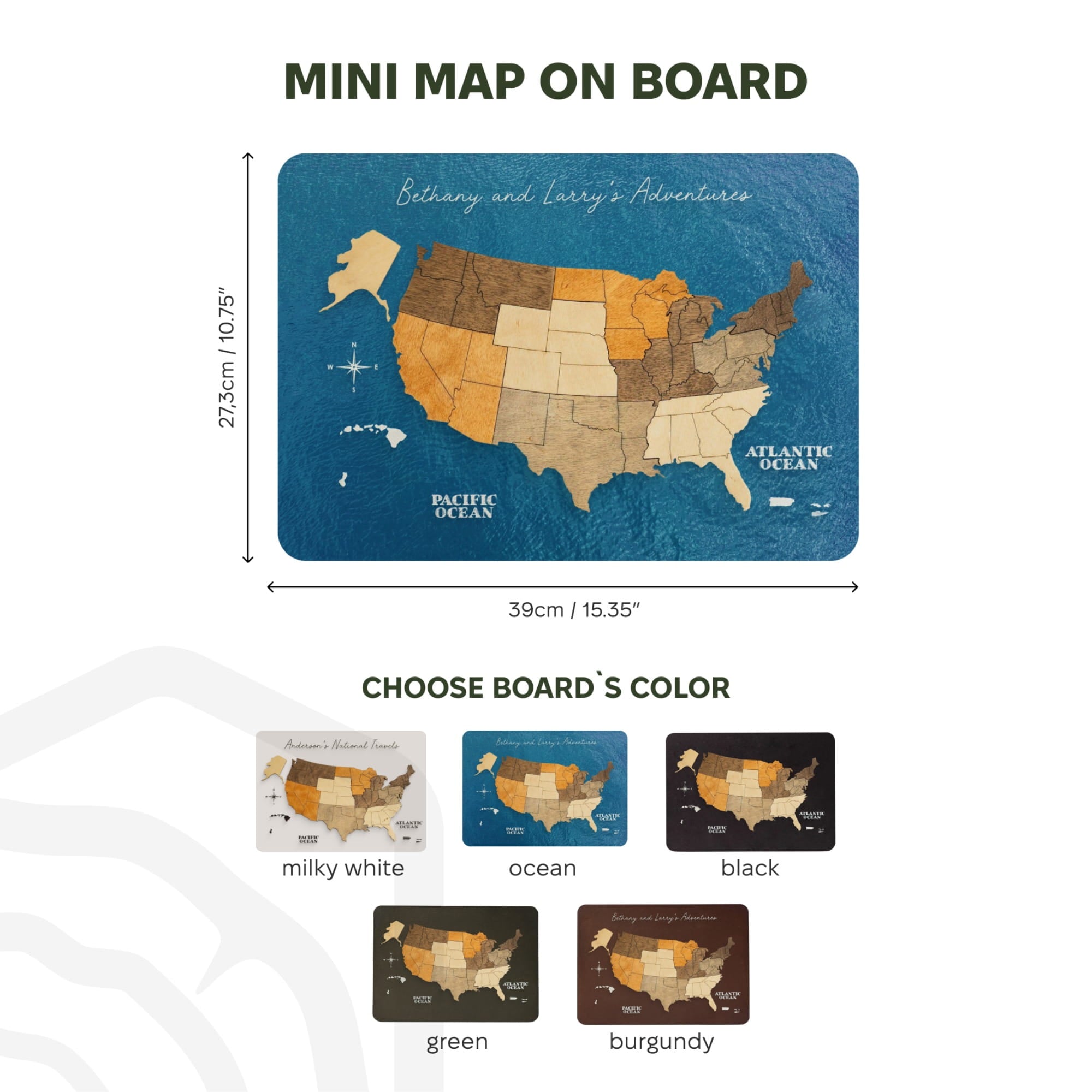 A product infographic for a mini map travel board. The top section shows a rectangular board with a stylized map of the United States over a blue ocean background, labeled 'Bethany and Larry's Adventure,' with dimensions marked as 39cm by 273cm (15.