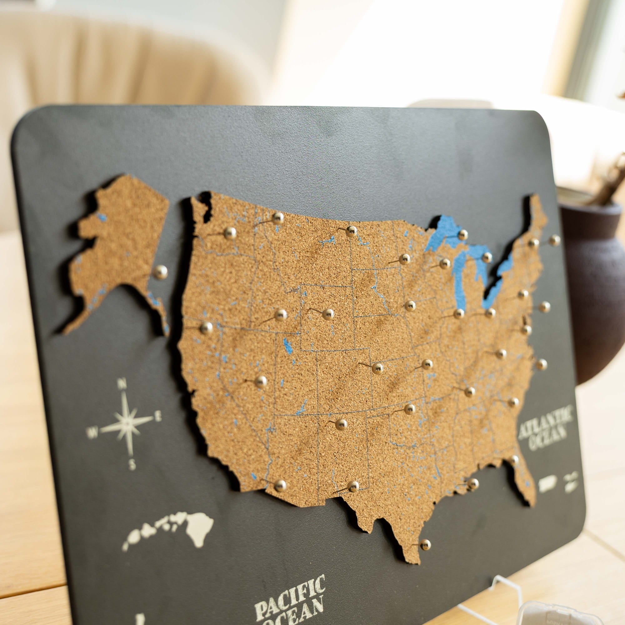cork usa map silver pins gray