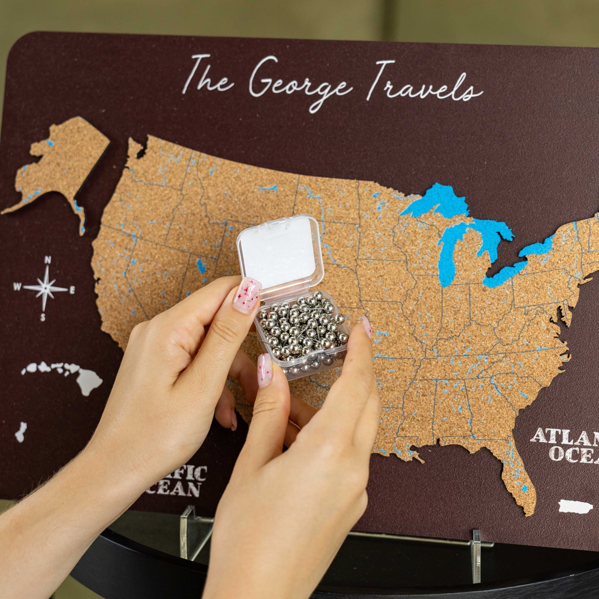 cork map metal beads pins set