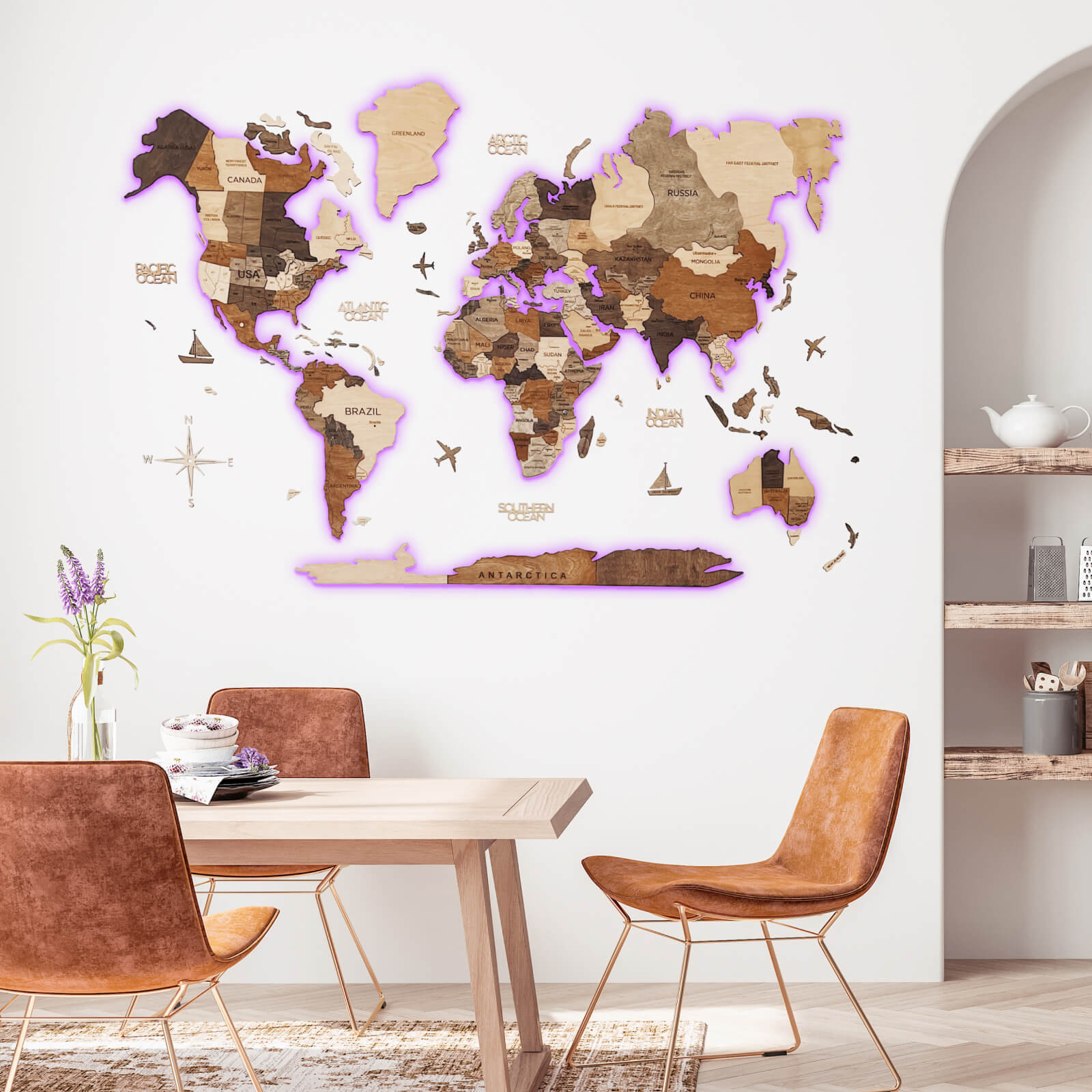 LED Light 3D Wood World Map for Wall Decor - Home Decor World Map with 6ft Power Cord - 3D Wood World Map Wall Art for Home & Kitchen or Office - Gift