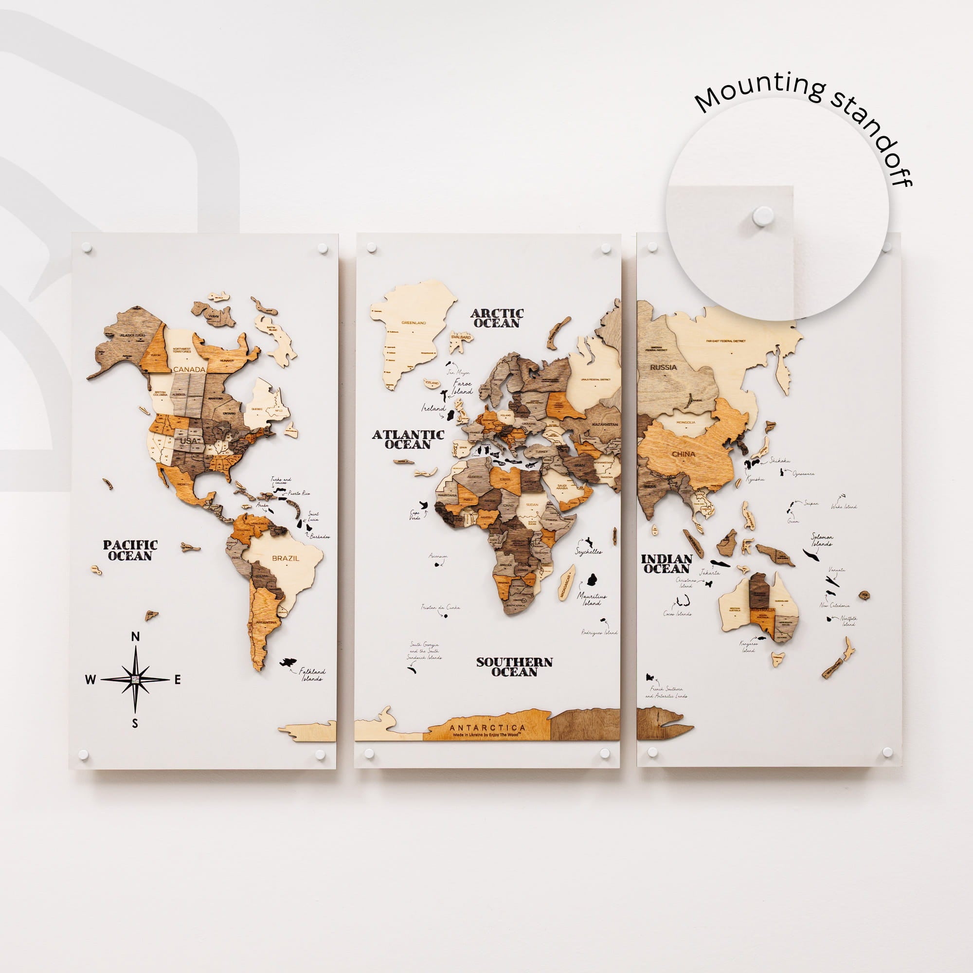 3D Wooden World Map Triptych Frameless - Multicolor by Enjoy The Wood 