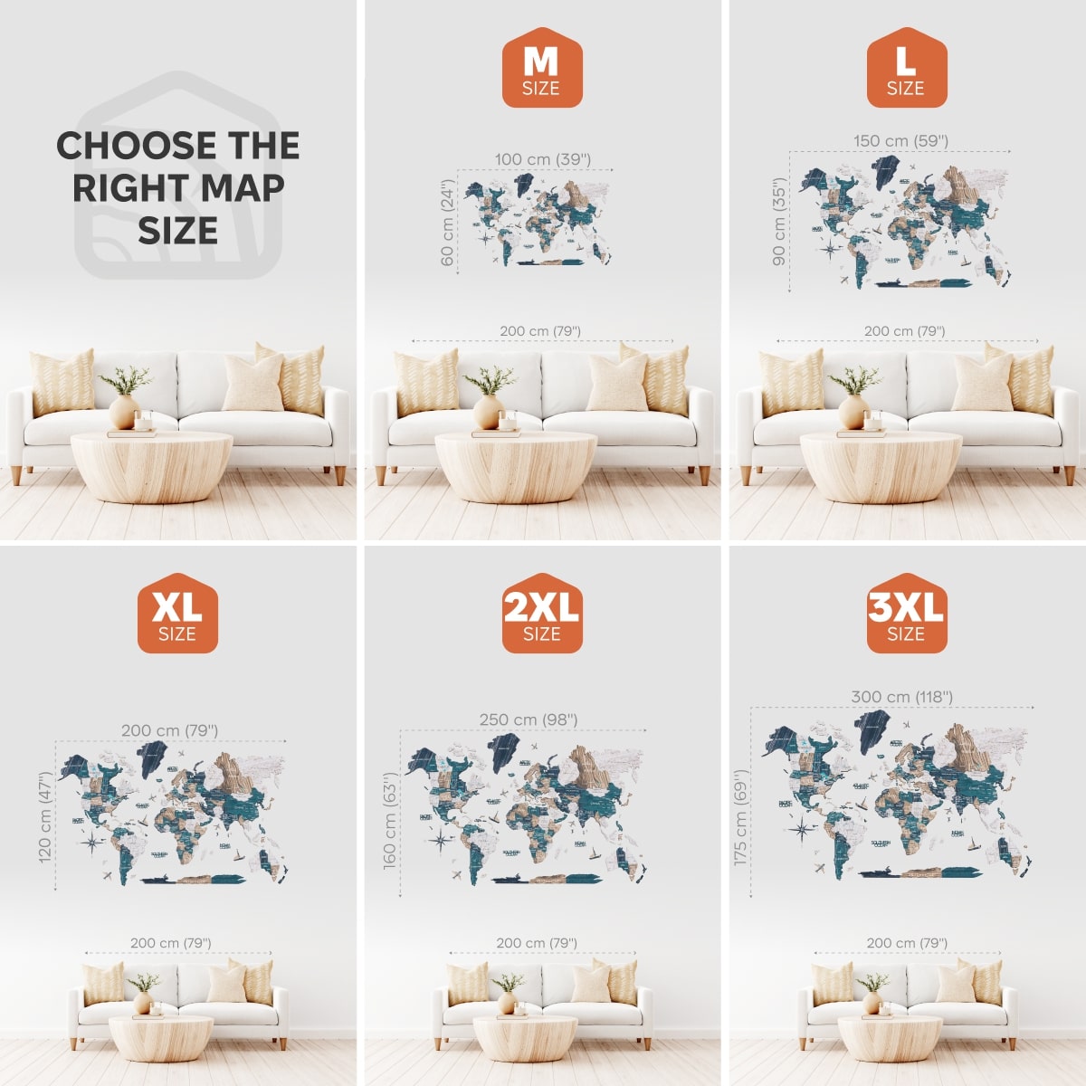 Collage of world map wall art with size chart in a living room setting