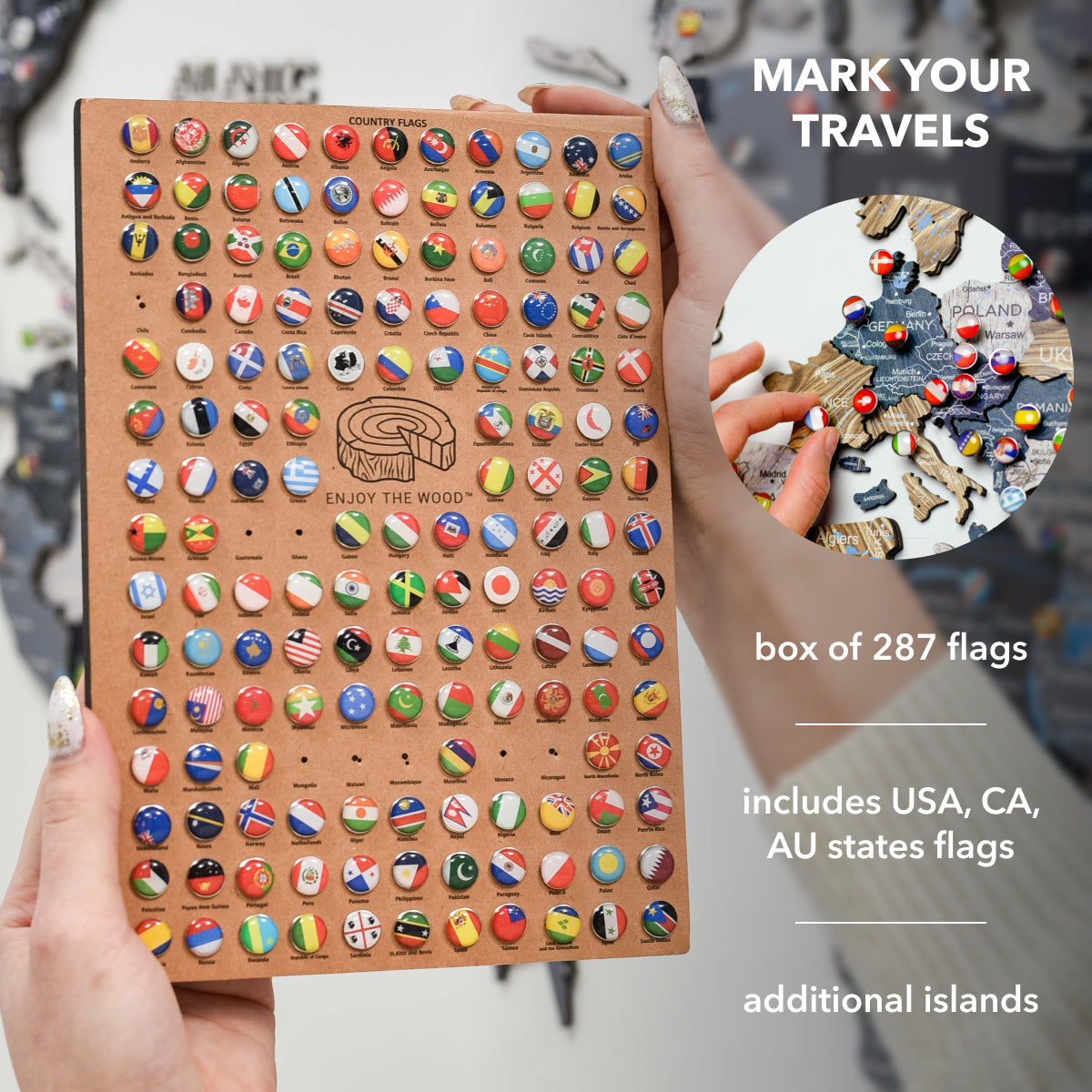 Box of 287 country flags with a map and text overlay on a blurred background