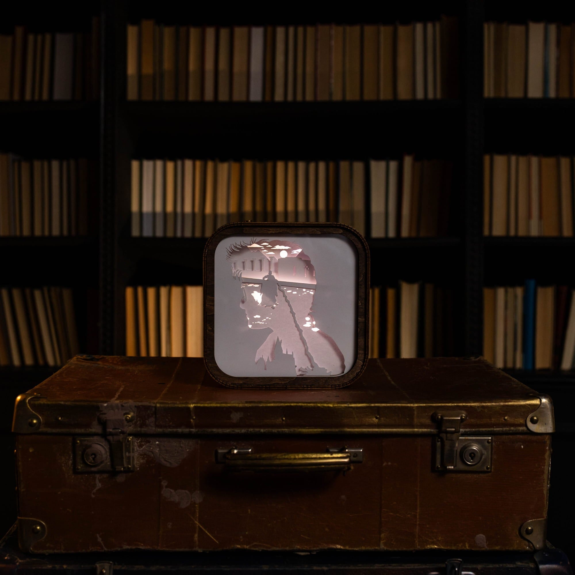 Vintage suitcase with a small square mirror on top, reflecting a cityscape against a bookshelf background.