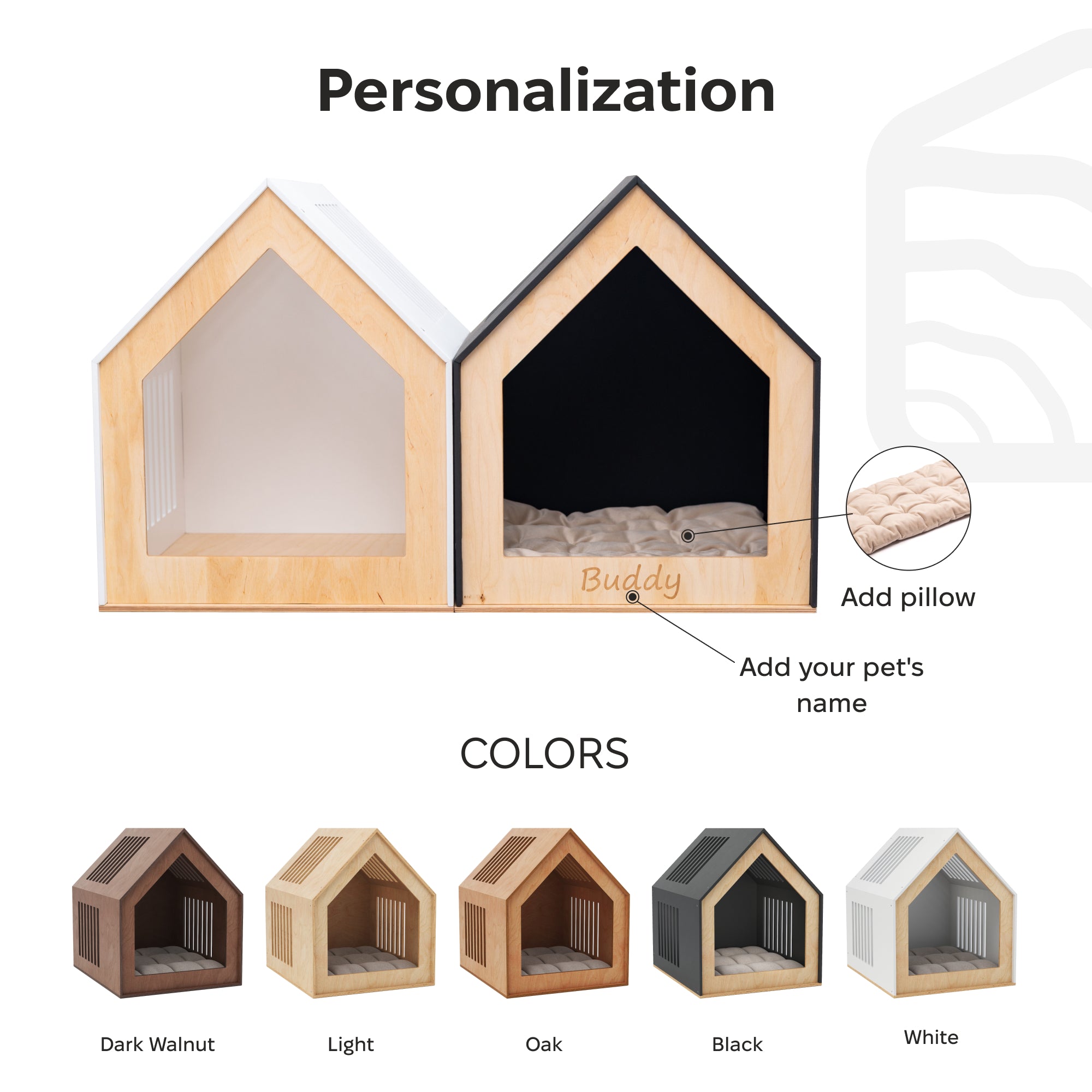Dog house with customizable features and color options on a white background
