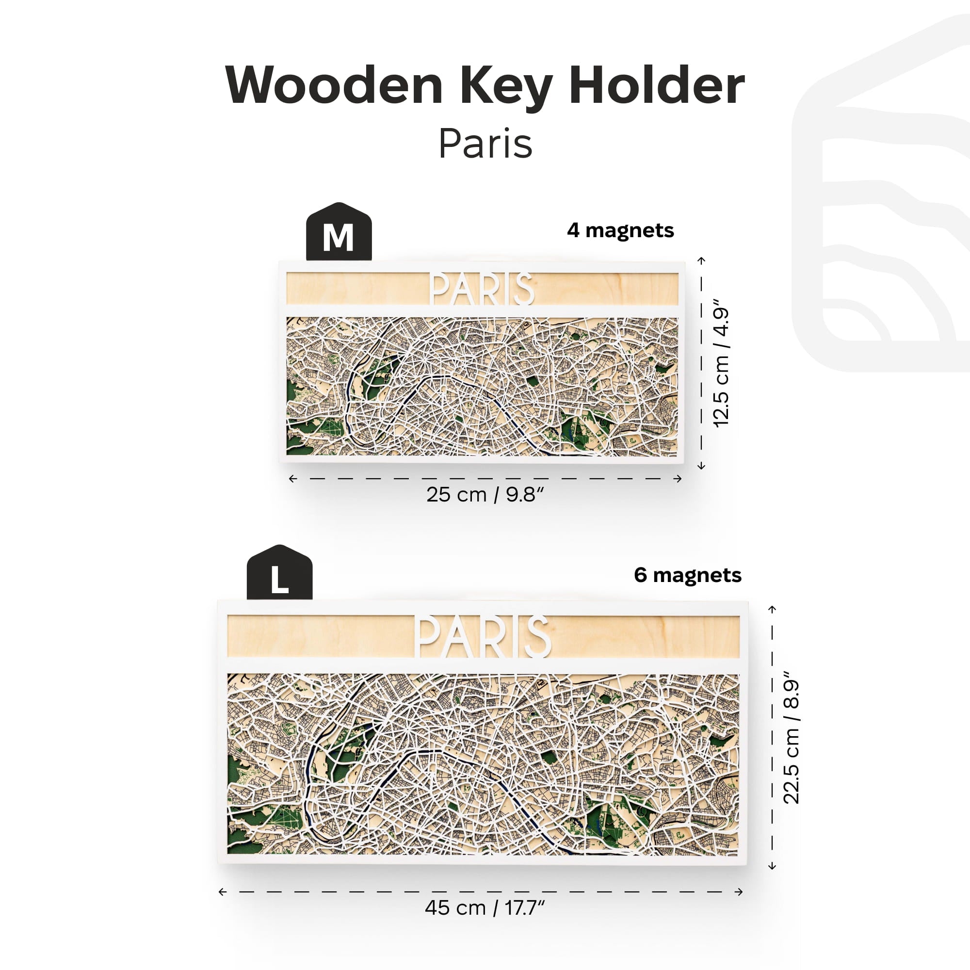 Wooden key holder with Paris map design, showing size and magnet information.