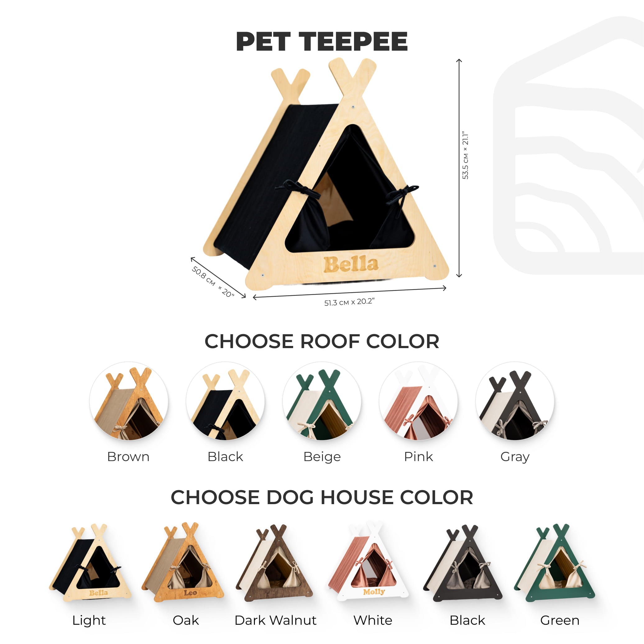 Pet teepee with color options for roof and body on a white background