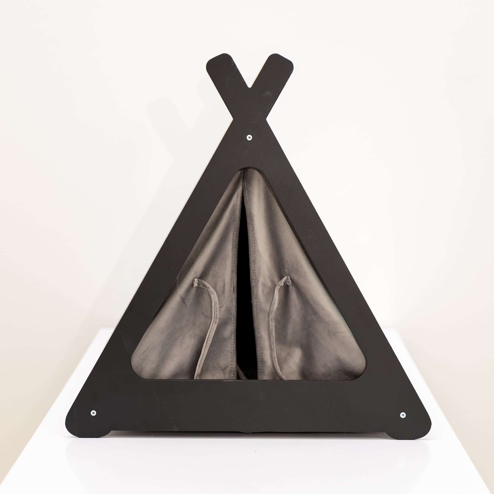 Black triangular pet playpen with a gray interior on a white background