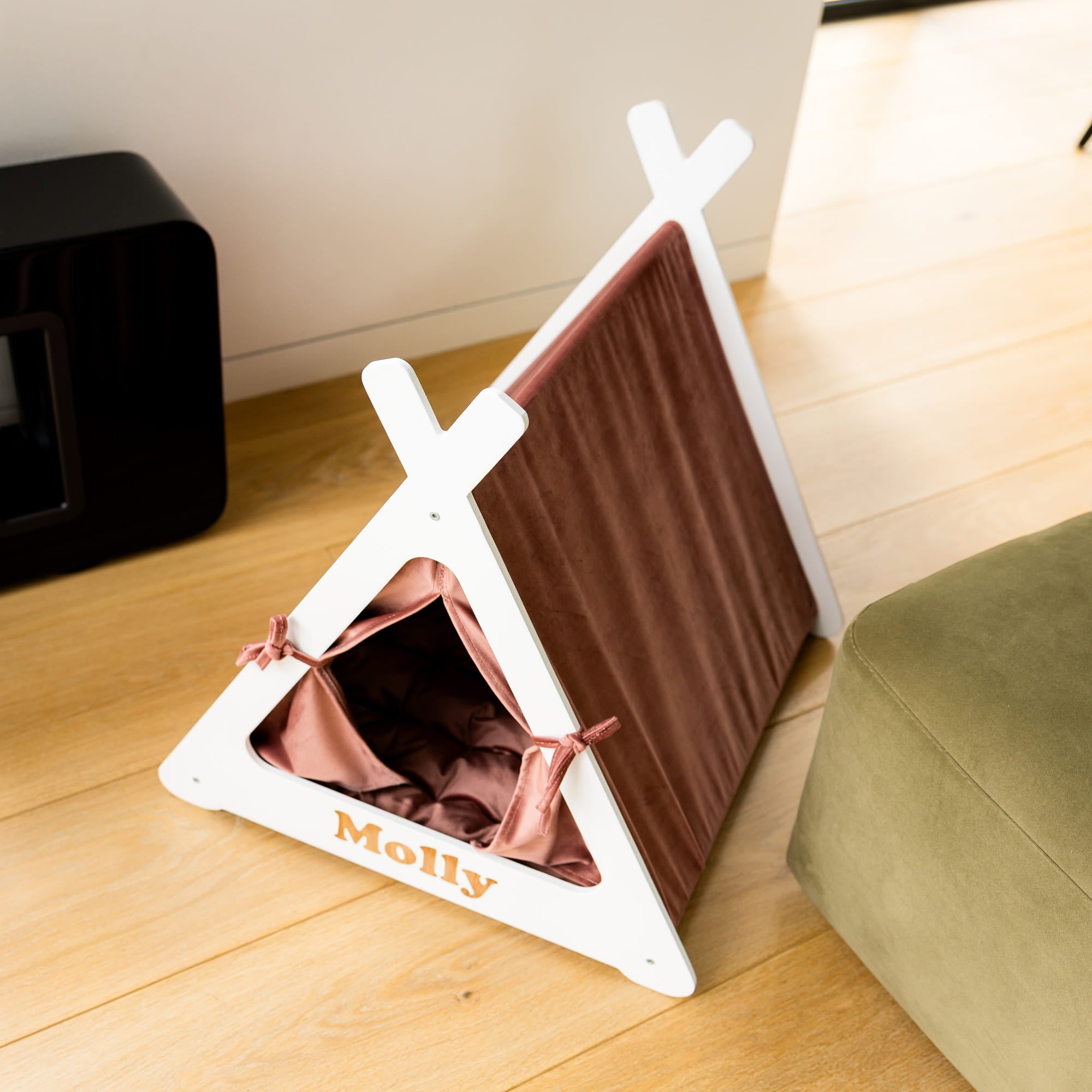 Pet tent with a brown interior and 'Molly' branding on a wooden floor.