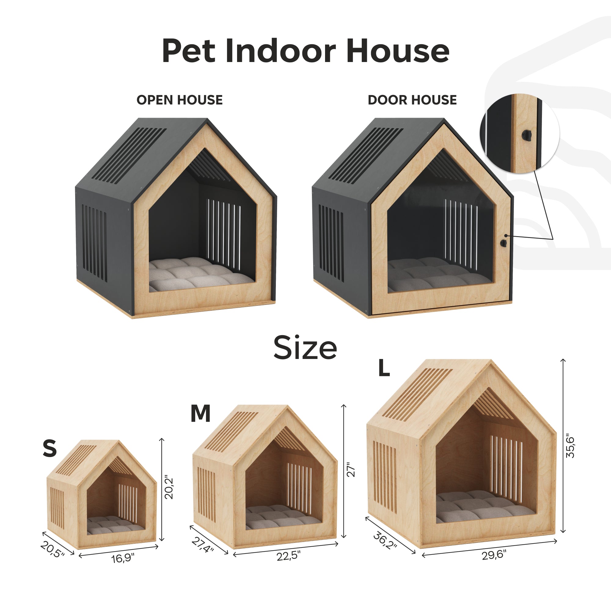 Pet indoor house with open and door options, size chart, and dimensions.