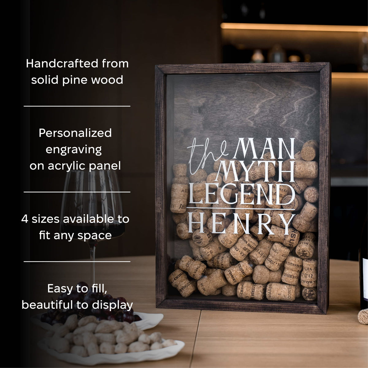 A rectangular wooden box display filled with wine corks