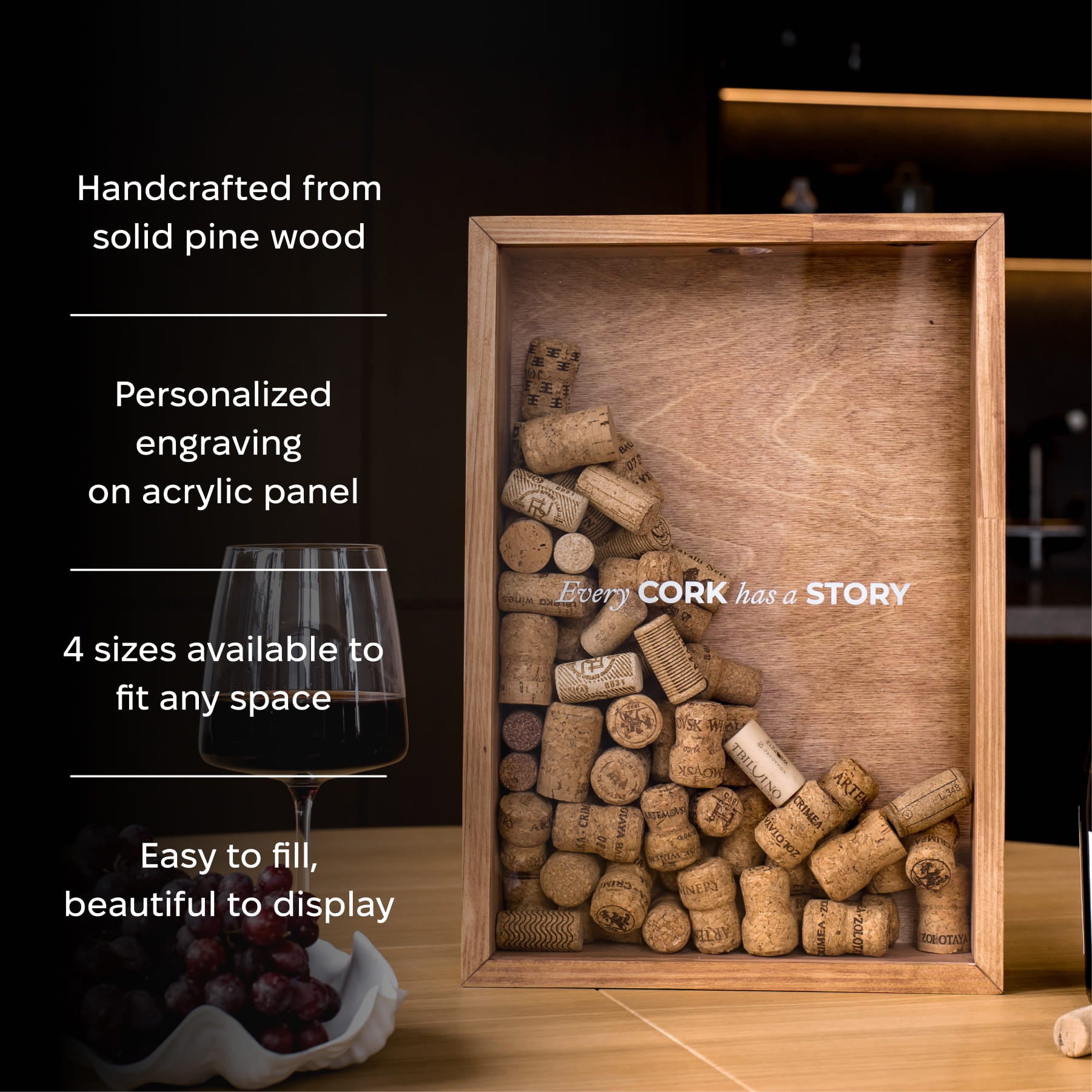 A wooden shadow box display filled with wine corks