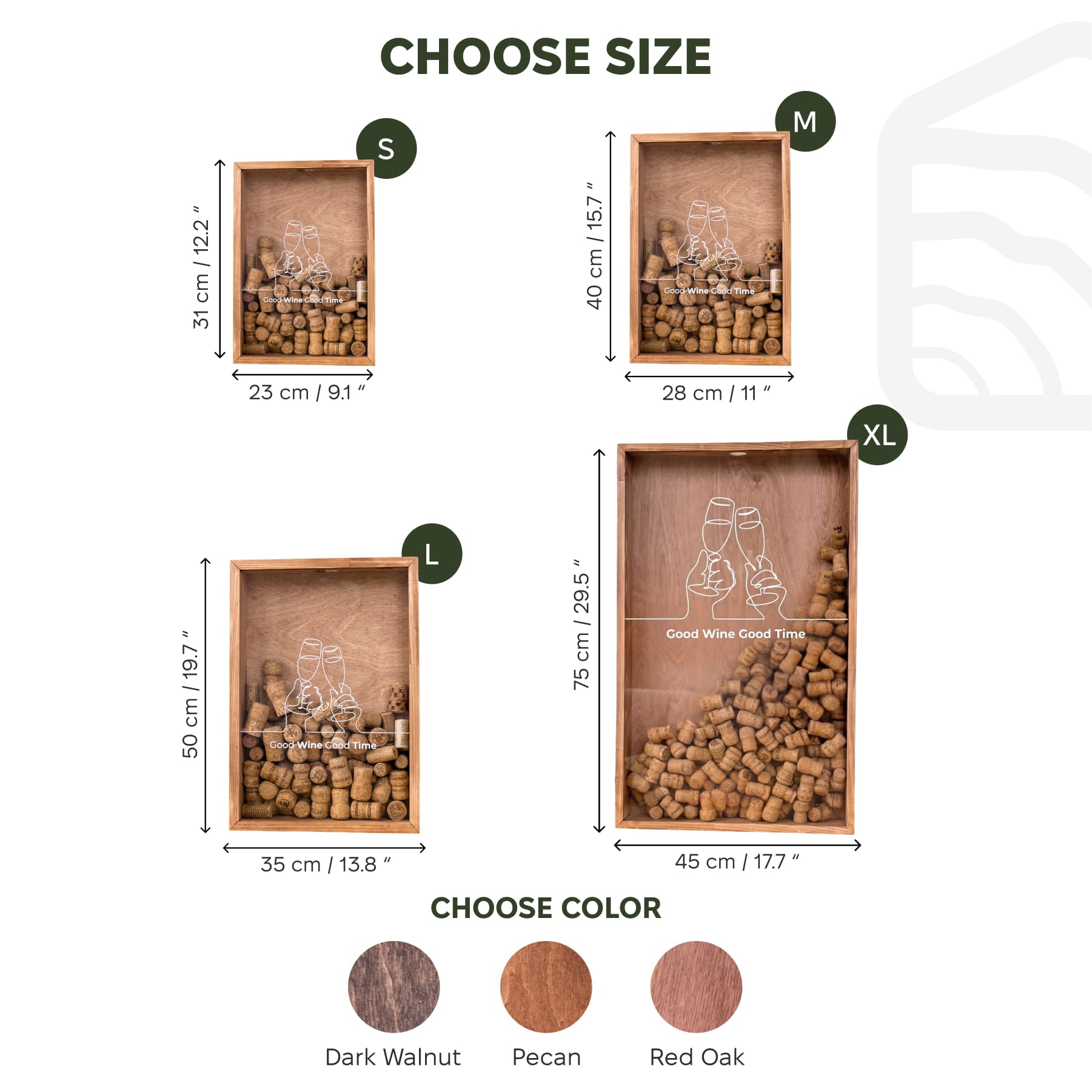 Size chart and color options graphic for a wooden box planter