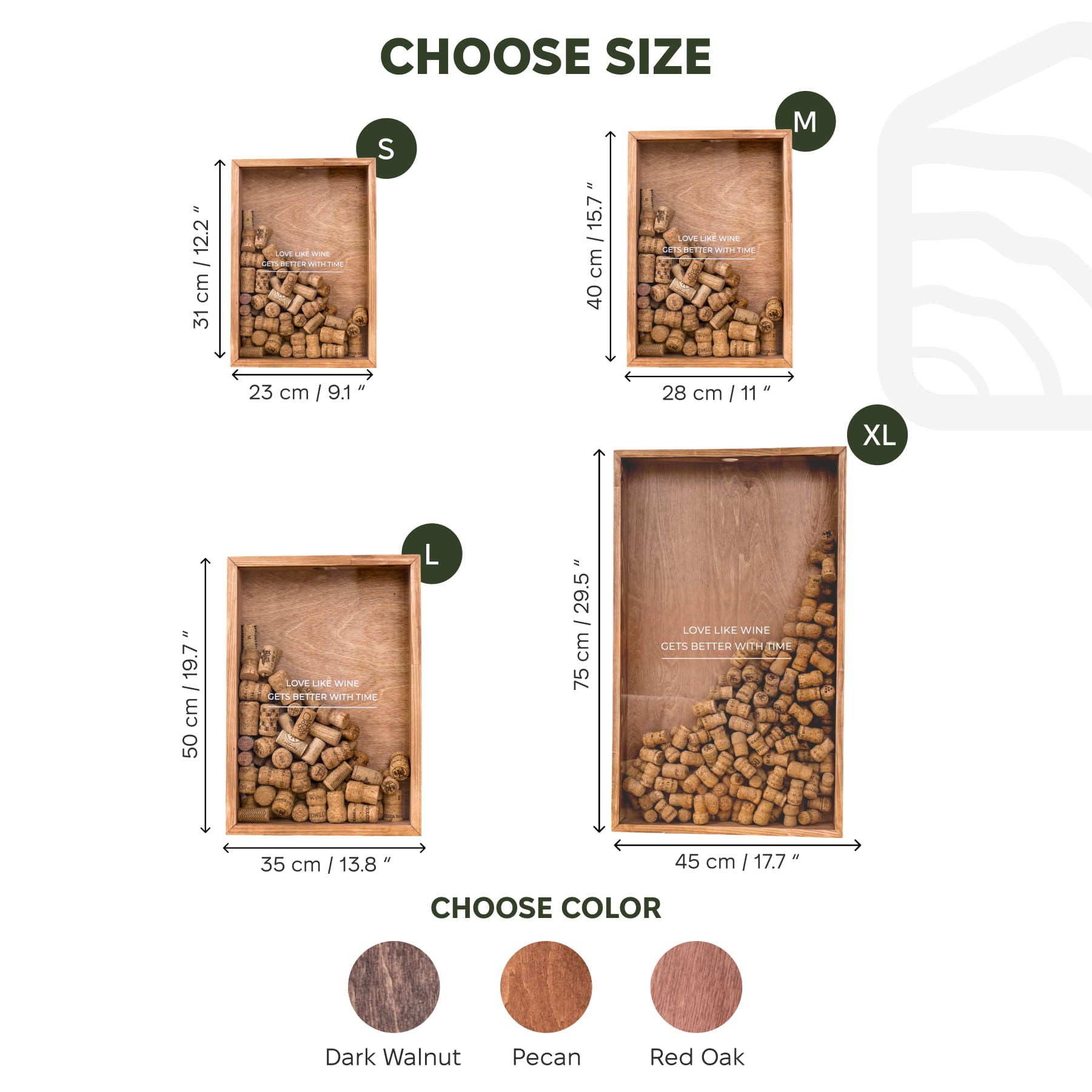 Size and color selection chart for a wooden shadow box
