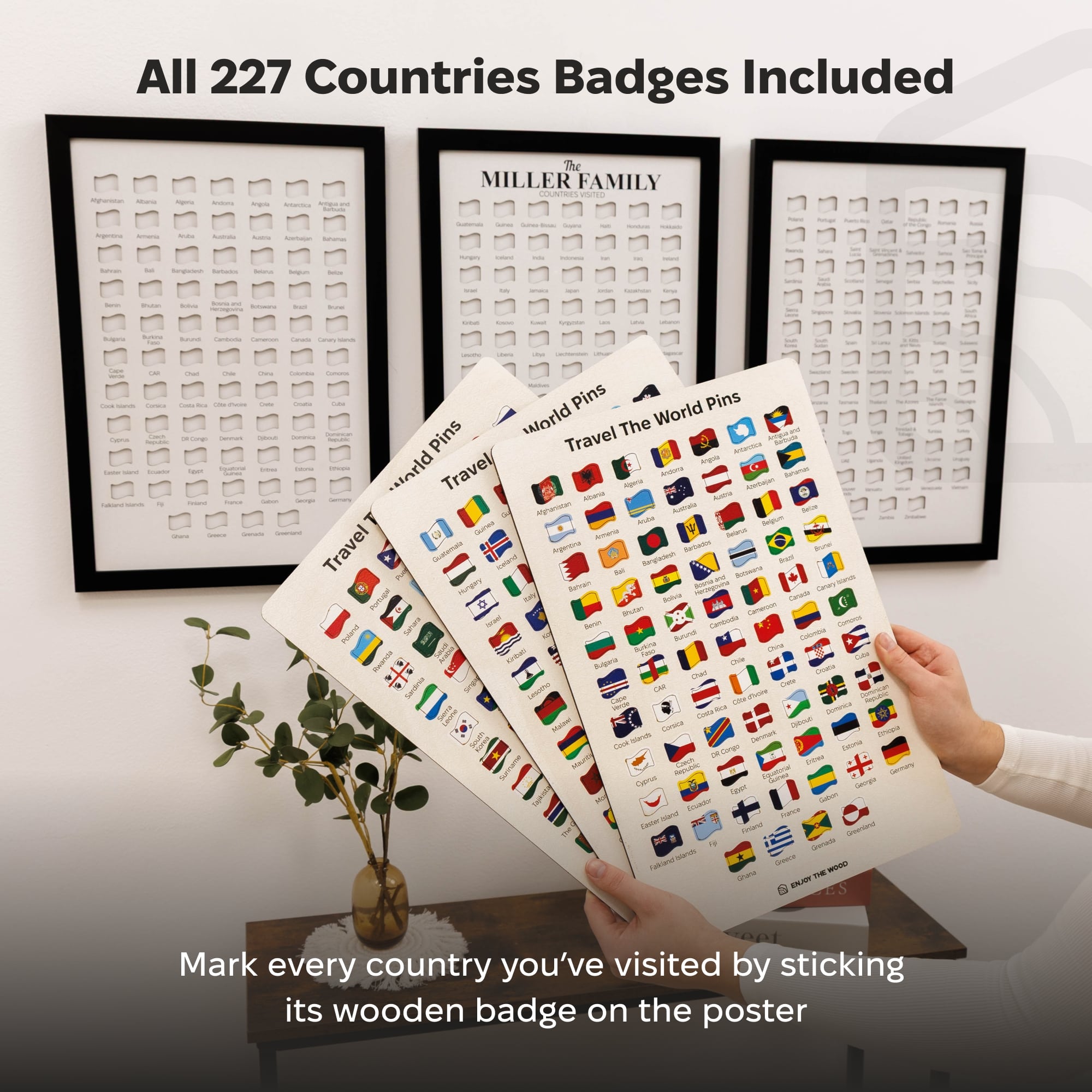 Set of world flags badges with frames and a person holding the badge sheets.