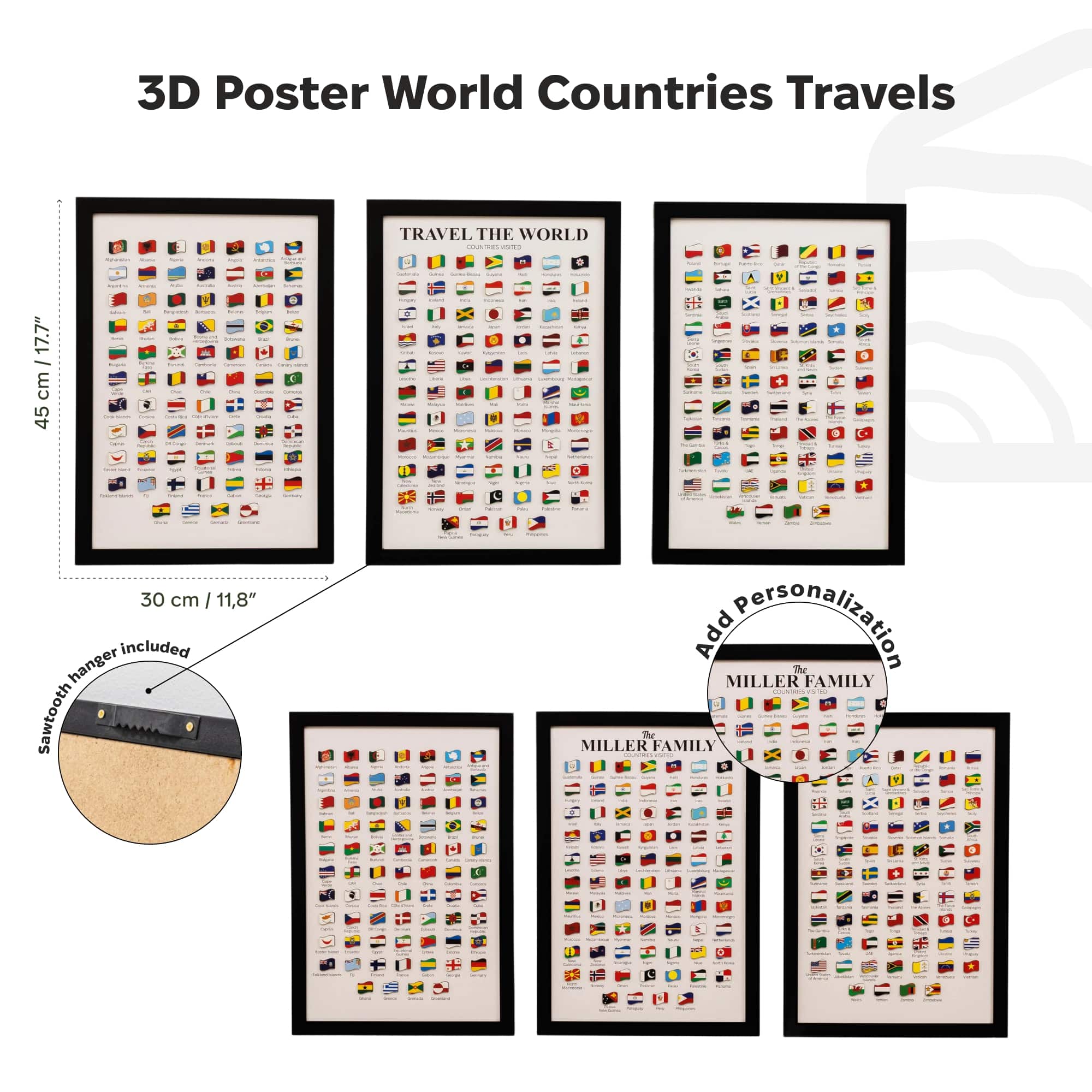 Framed 3D poster of world flags with customizable family name option.