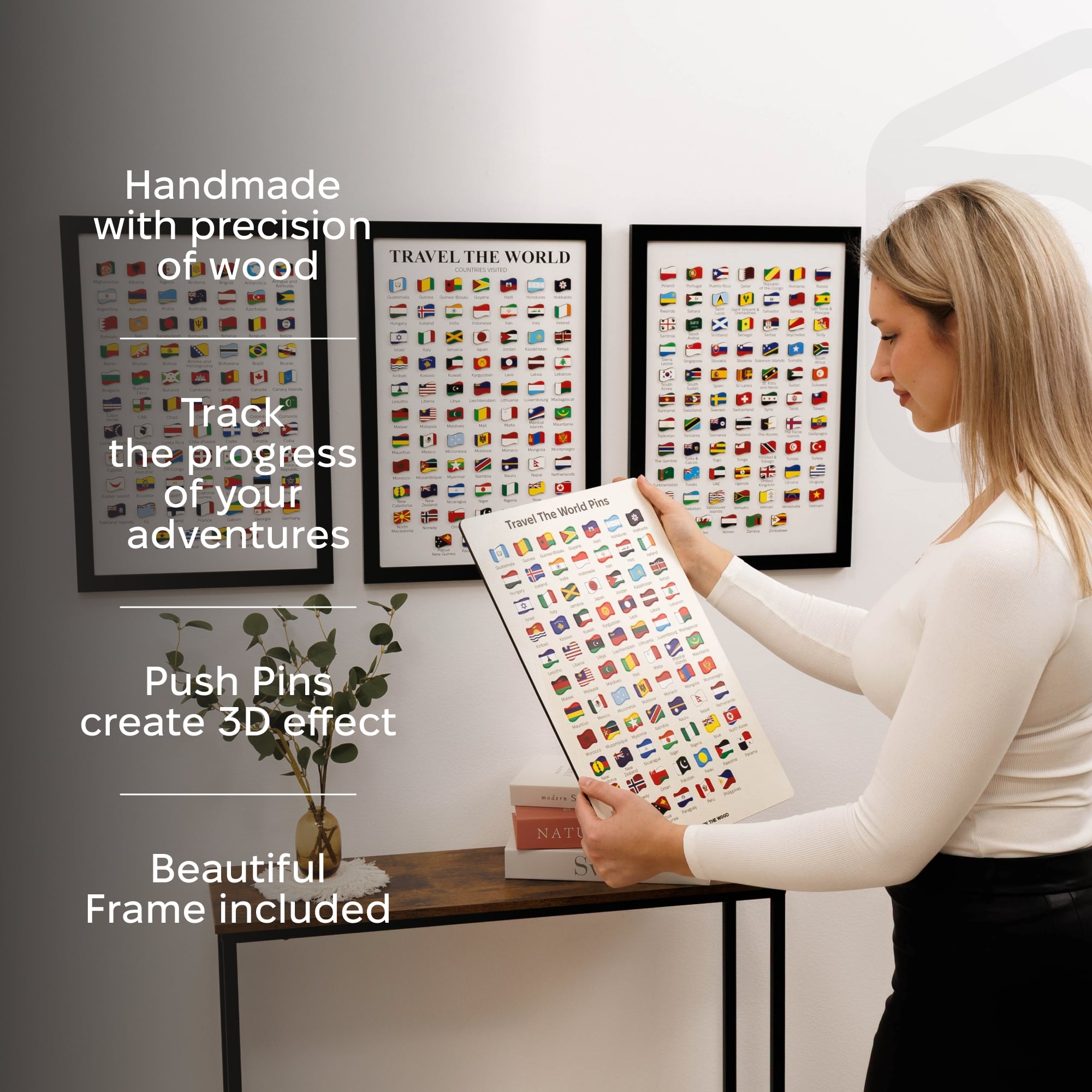 Woman holding a travel-themed board with push pins, framed pictures on the wall, and text describing product features.