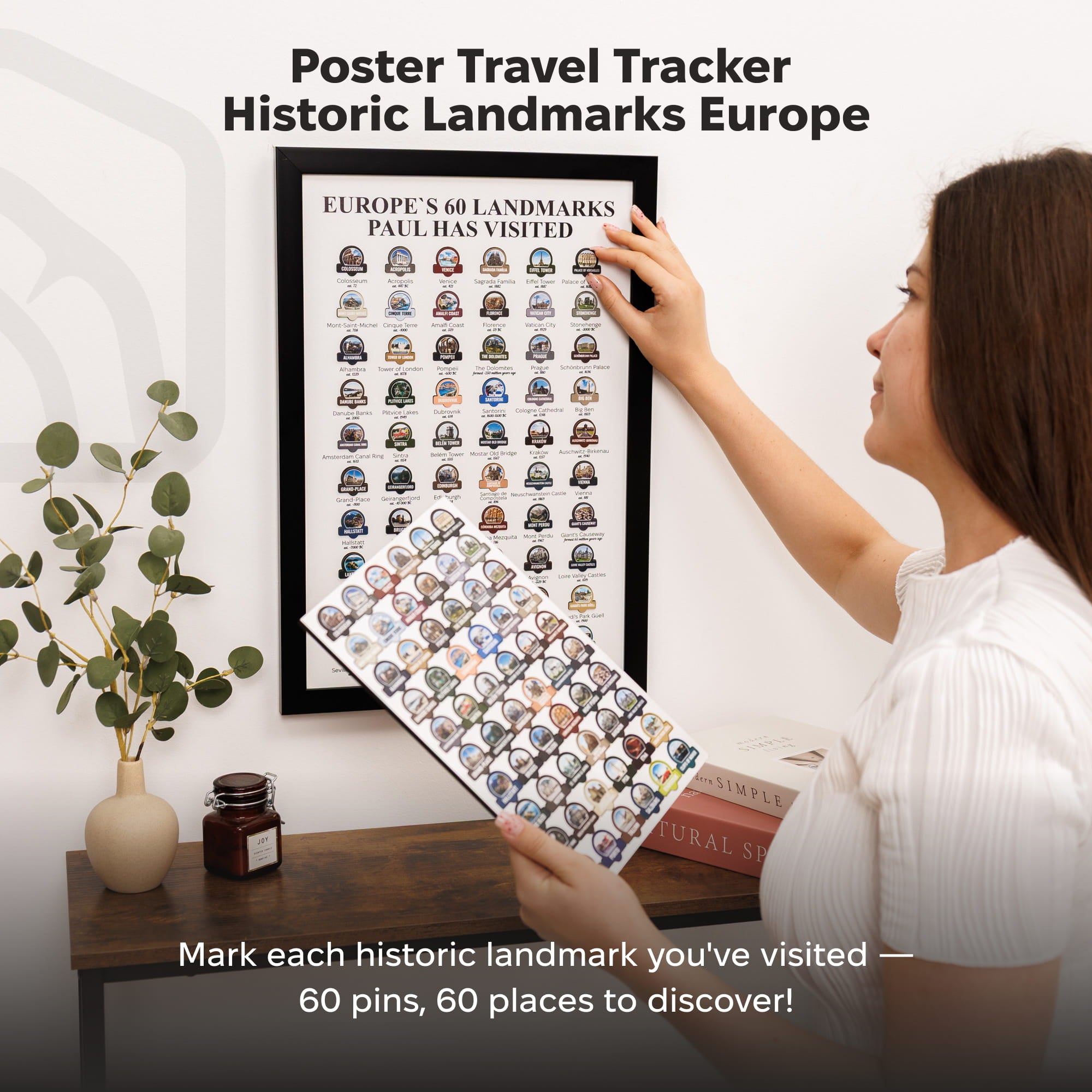 framed travel tracker poster about Europe's 60 landmarks