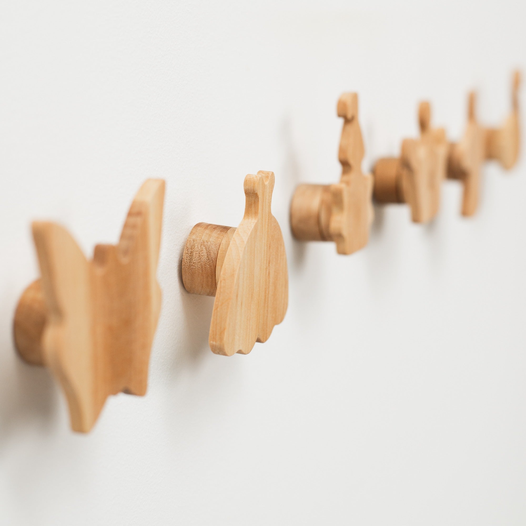 Set of wooden wall hooks on a white wall