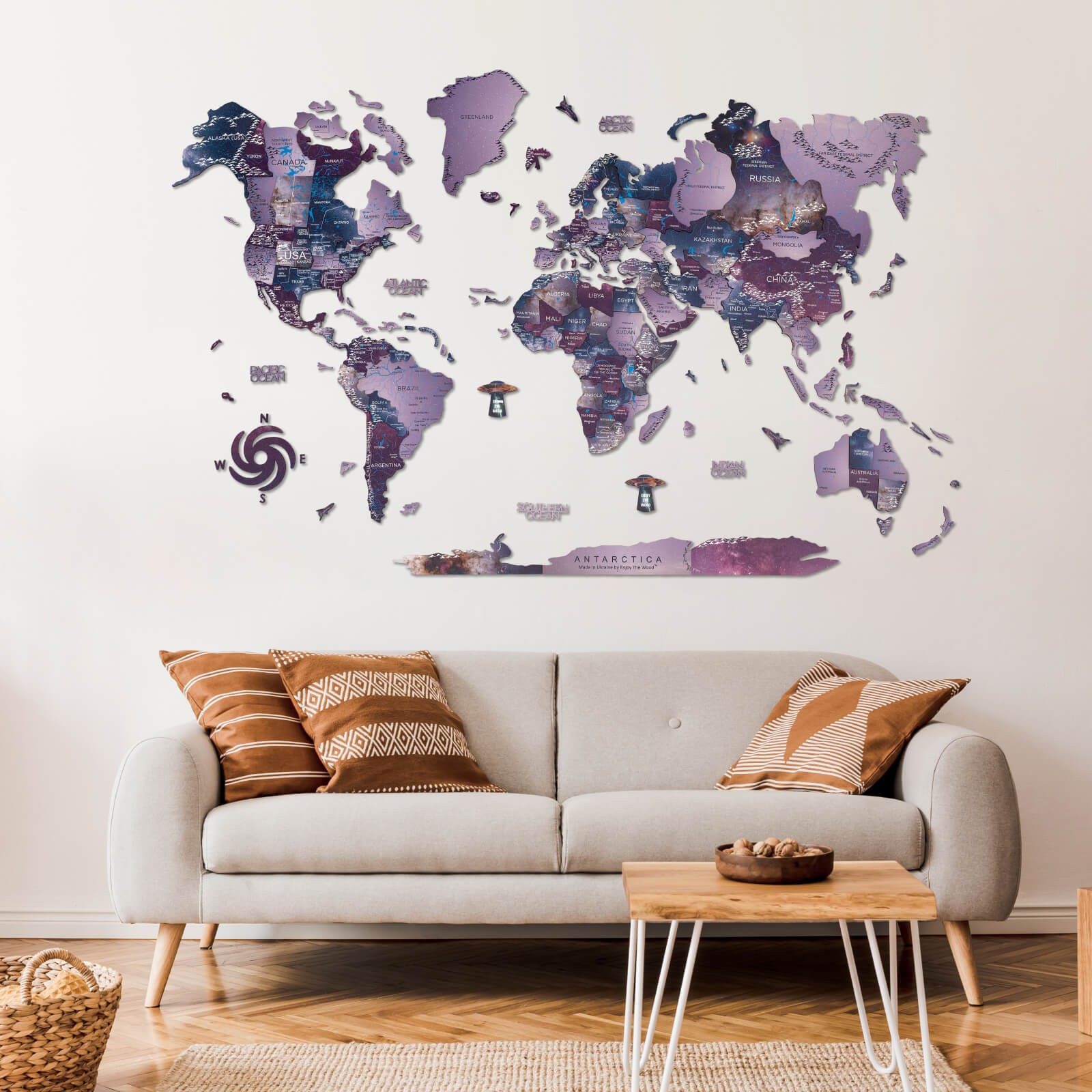 3d colored wood world map for wall