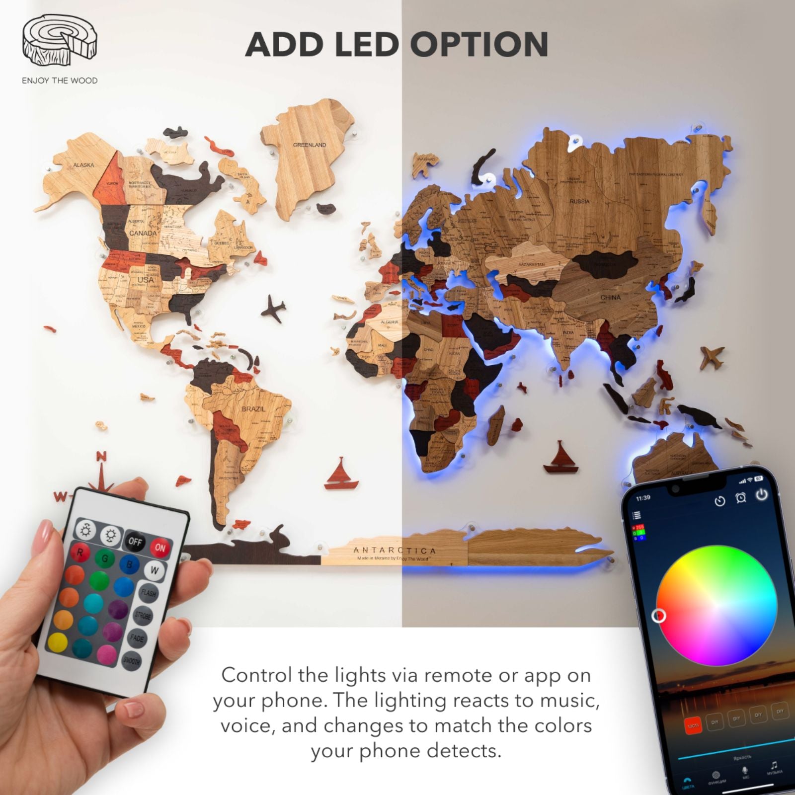 wooden light up world map