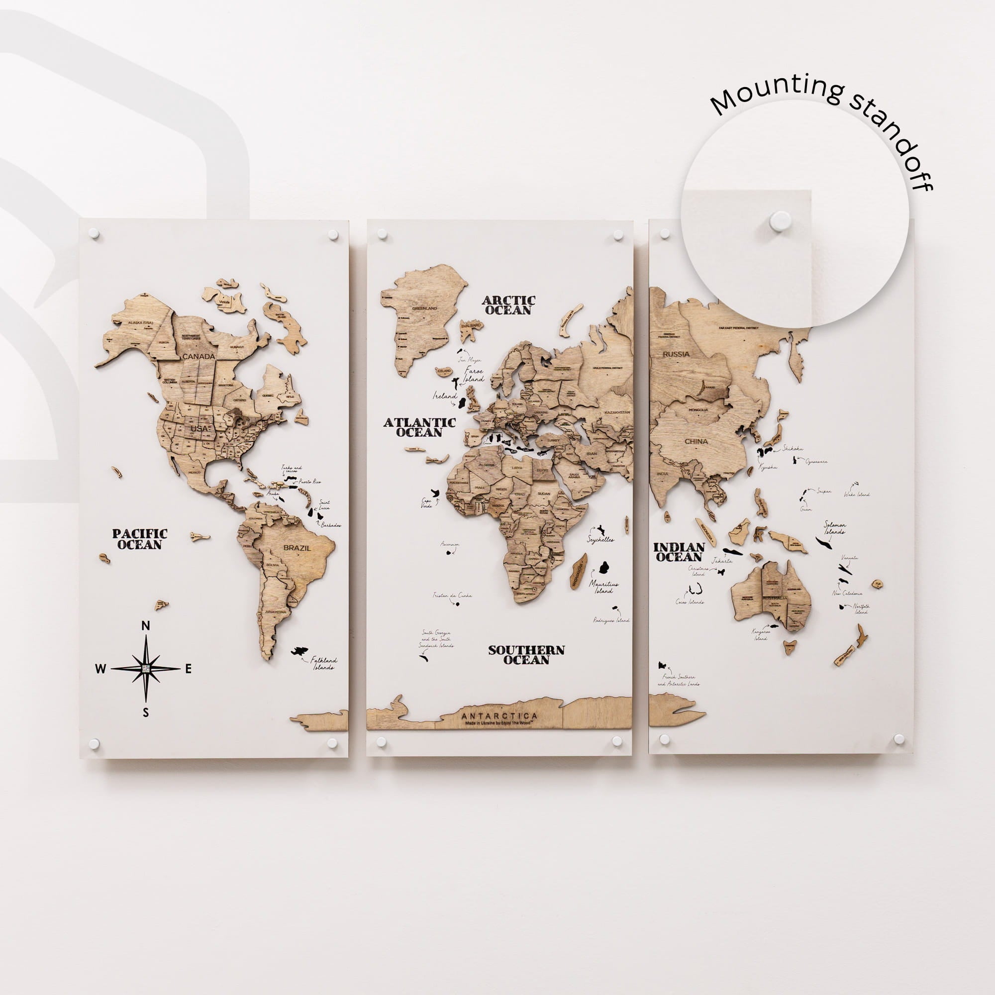 3D Wooden World Map Triptych Frameless - Terra | Enjoy The Wood