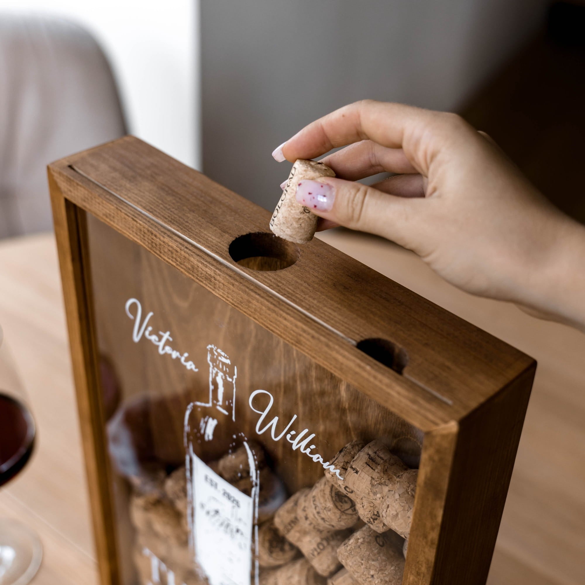wooden wine cork display box with a transparent front panel