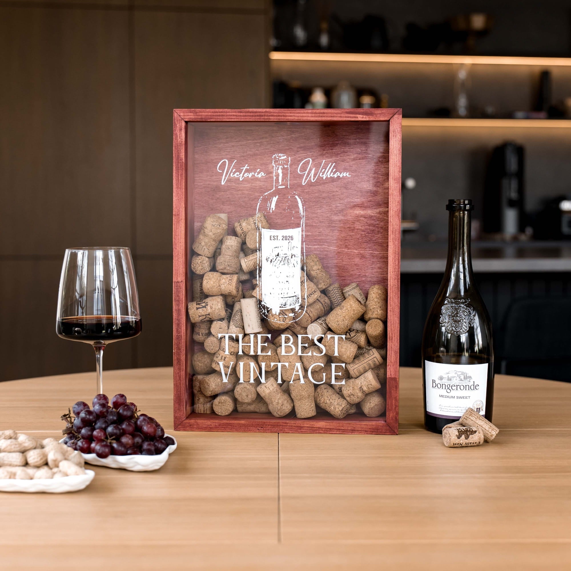 wooden wine cork display box with a glass front panel