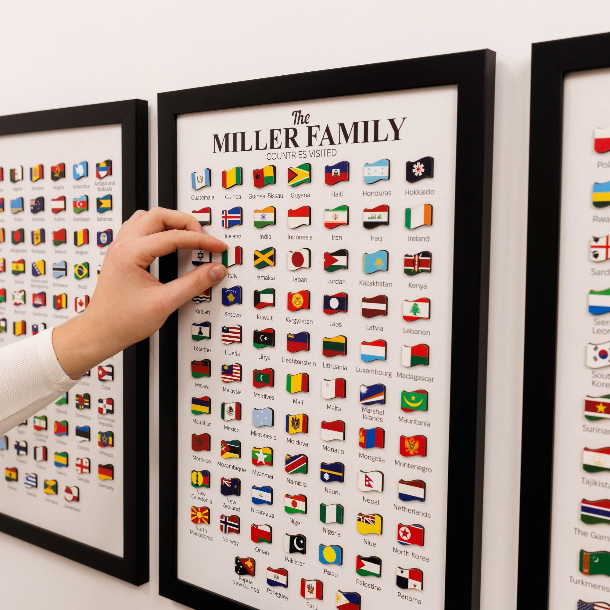 Framed display of flags with 'The Miller Family' at the top, showing countries visited.