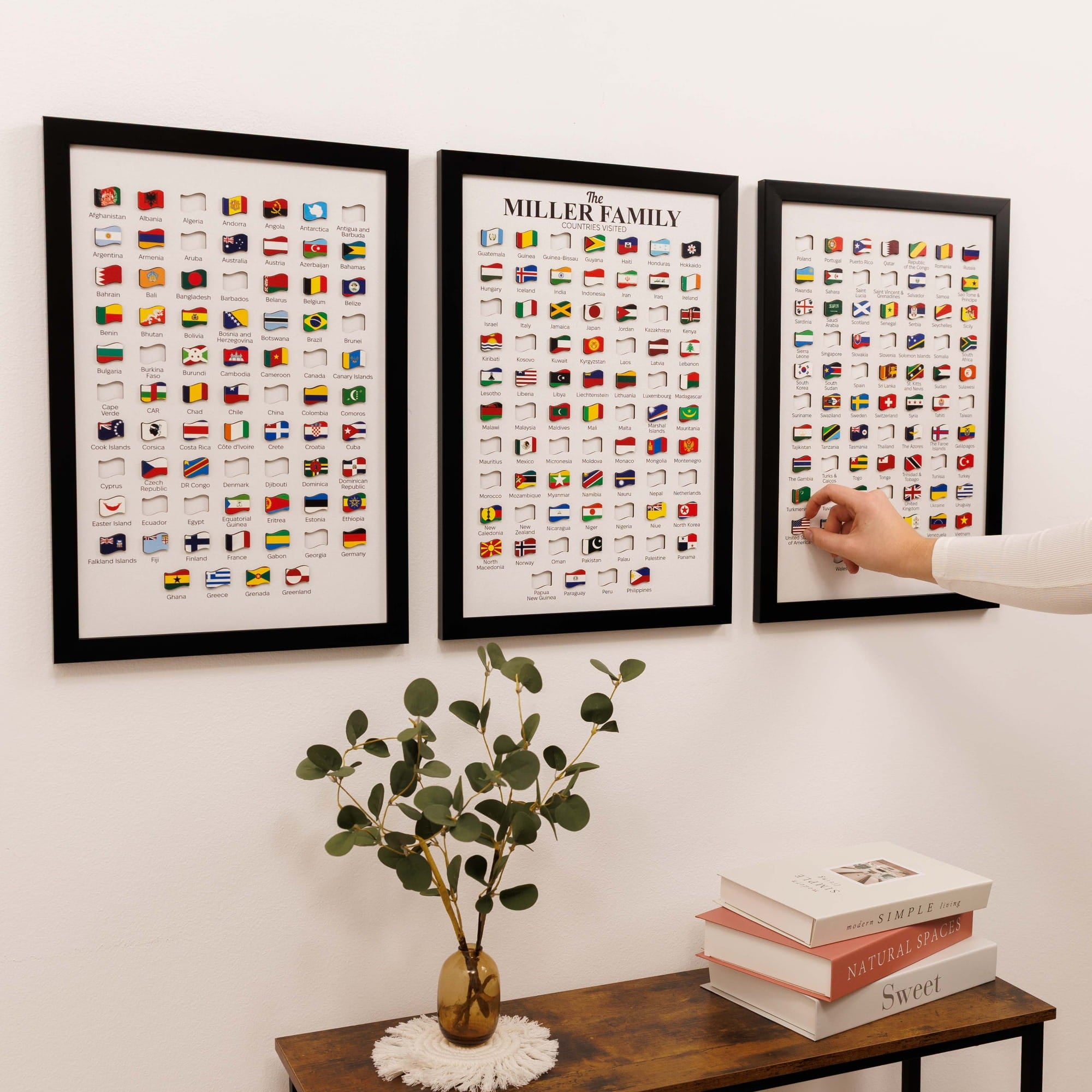 Three framed prints of world flags on a wall with a hand pointing to one of them.
