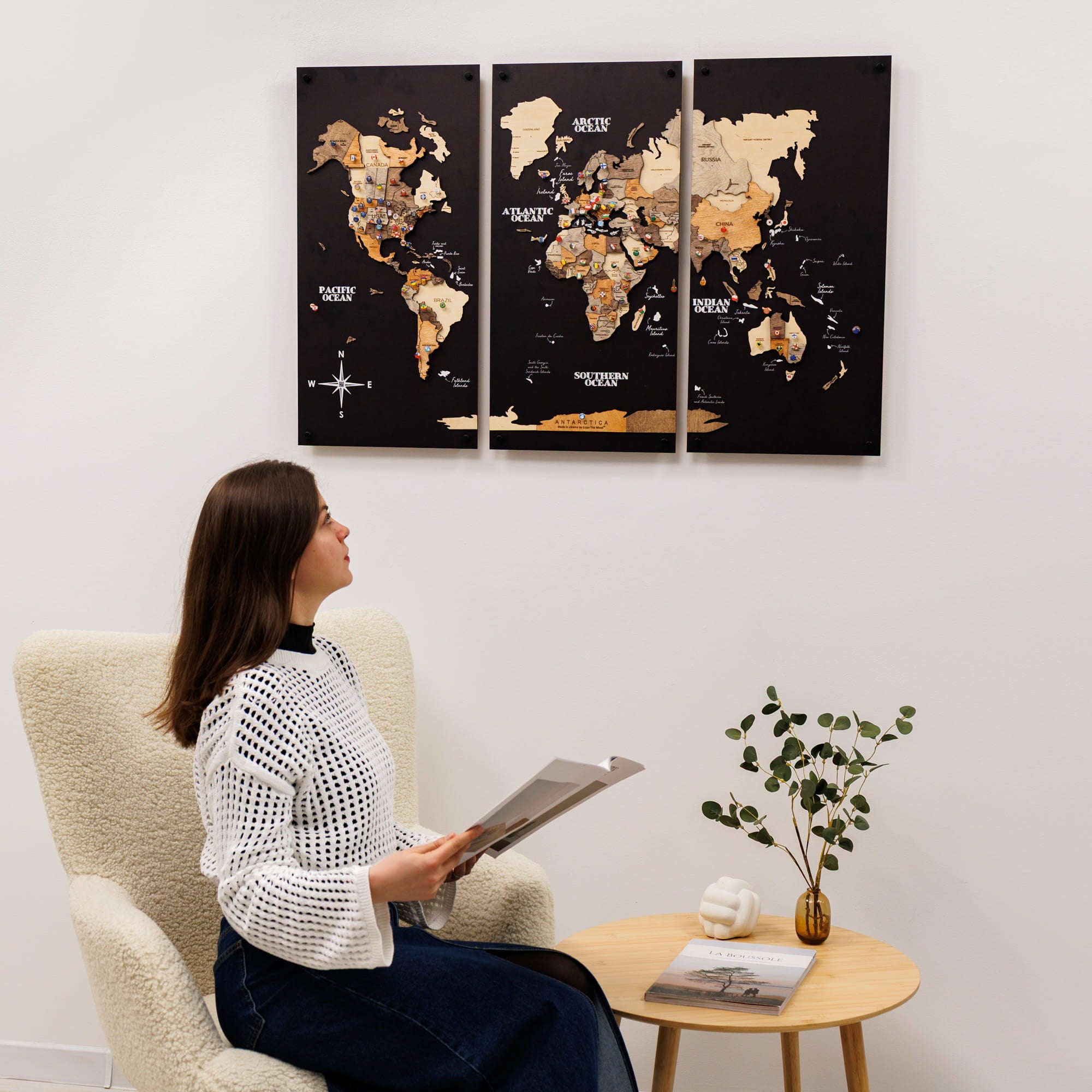 3D Wooden World Map Triptych Frameless - Multicolor by Enjoy The Wood 
