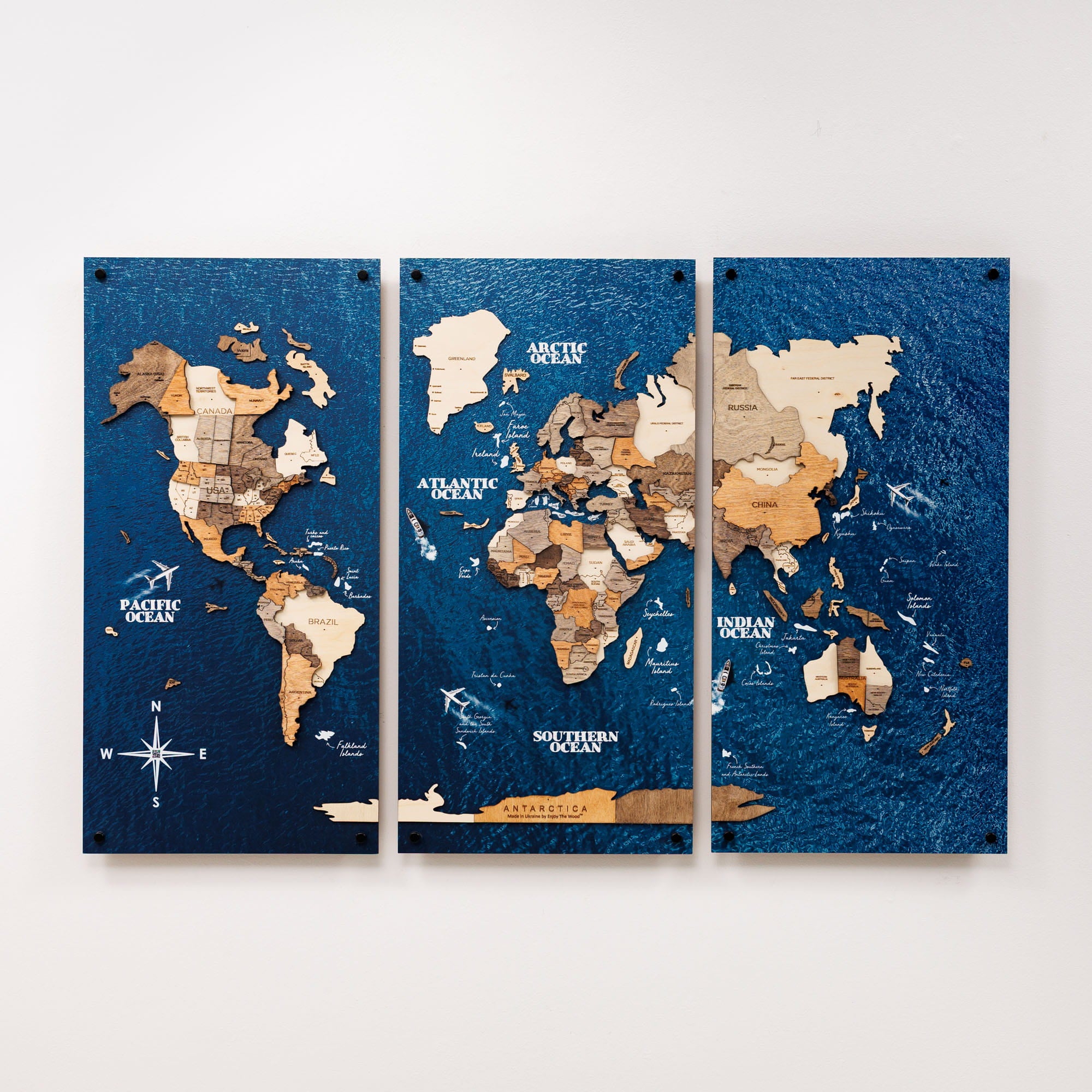 3D Wooden World Map Triptych Frameless - Multicolor by Enjoy The Wood 