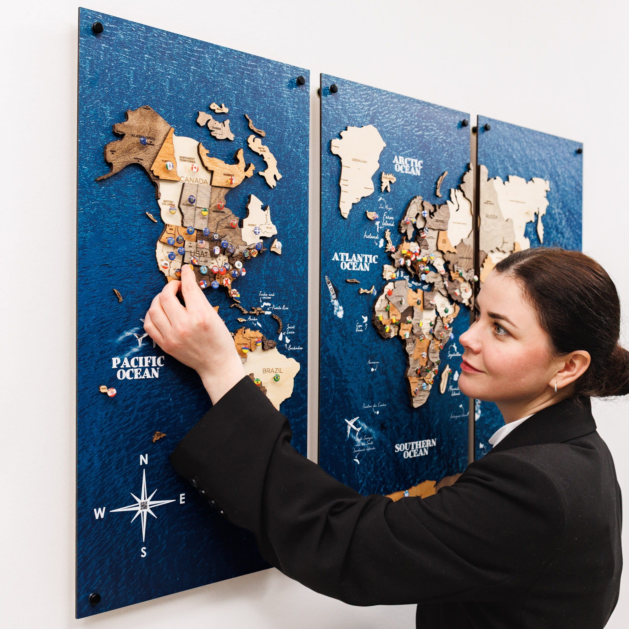 3D Wooden World Map Triptych Frameless - Multicolor by Enjoy The Wood 