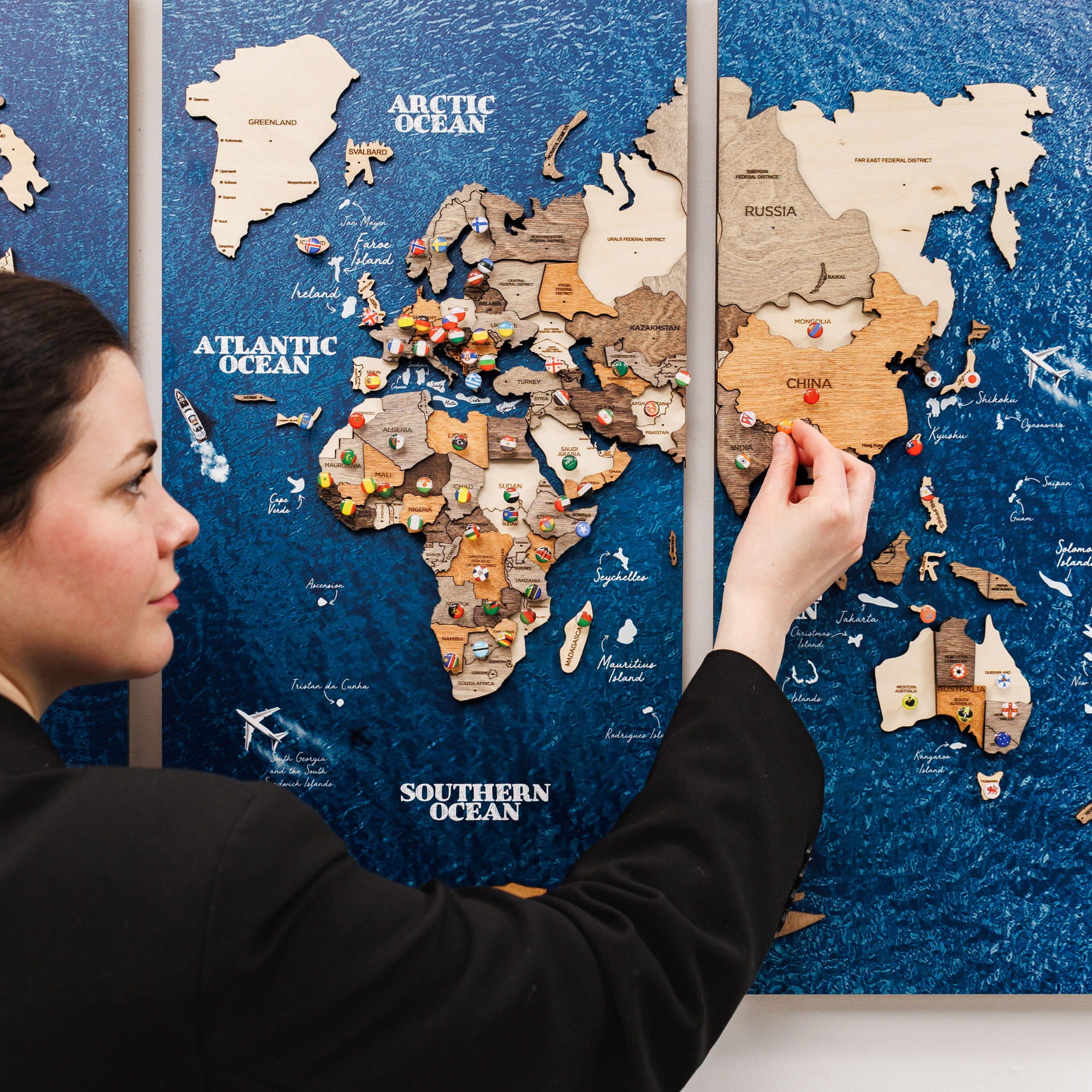 3D Wooden World Map Triptych Frameless - Multicolor | Enjoy The Wood