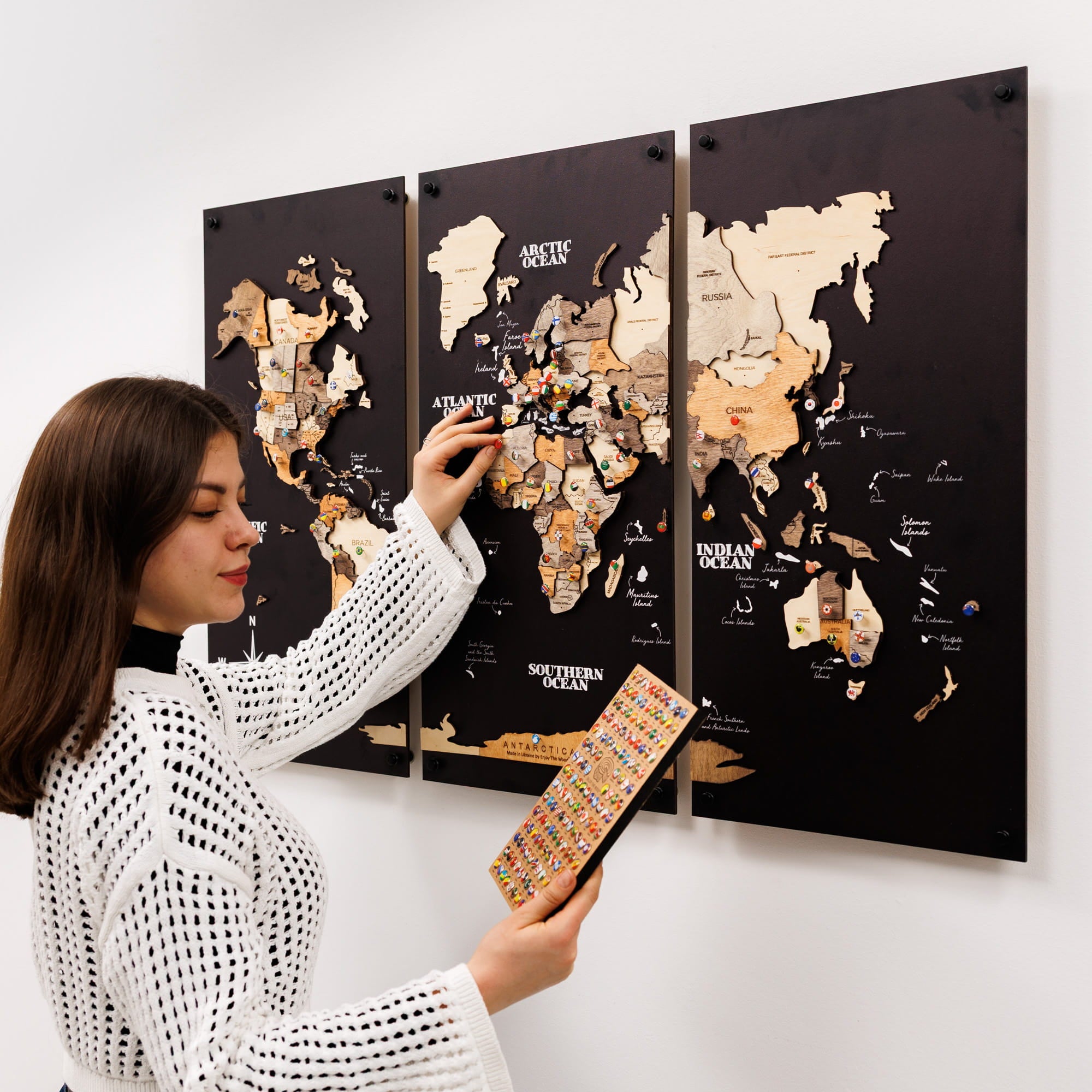 3D Wooden World Map Triptych Frameless - Multicolor | Enjoy The Wood