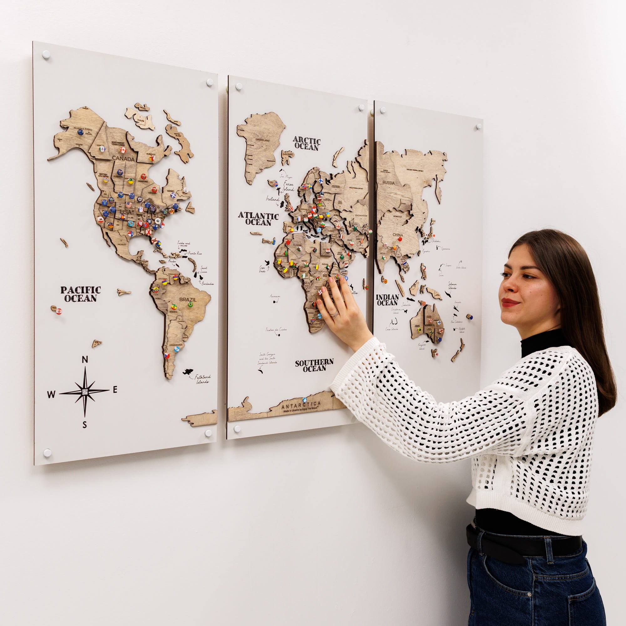3D Wooden World Map Triptych Frameless - Terra by Enjoy The Wood 