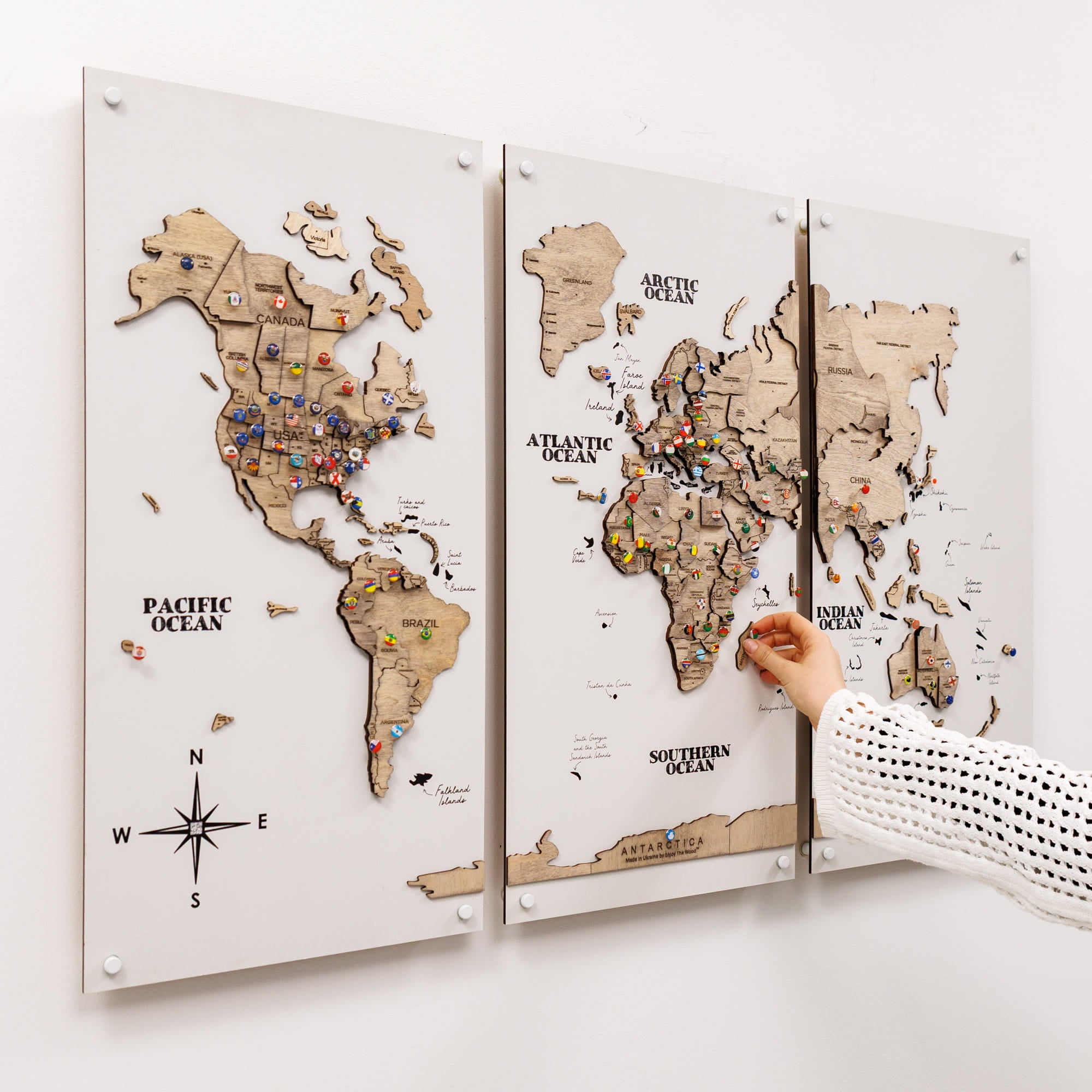 3D Wooden World Map Triptych Frameless - Terra by Enjoy The Wood 