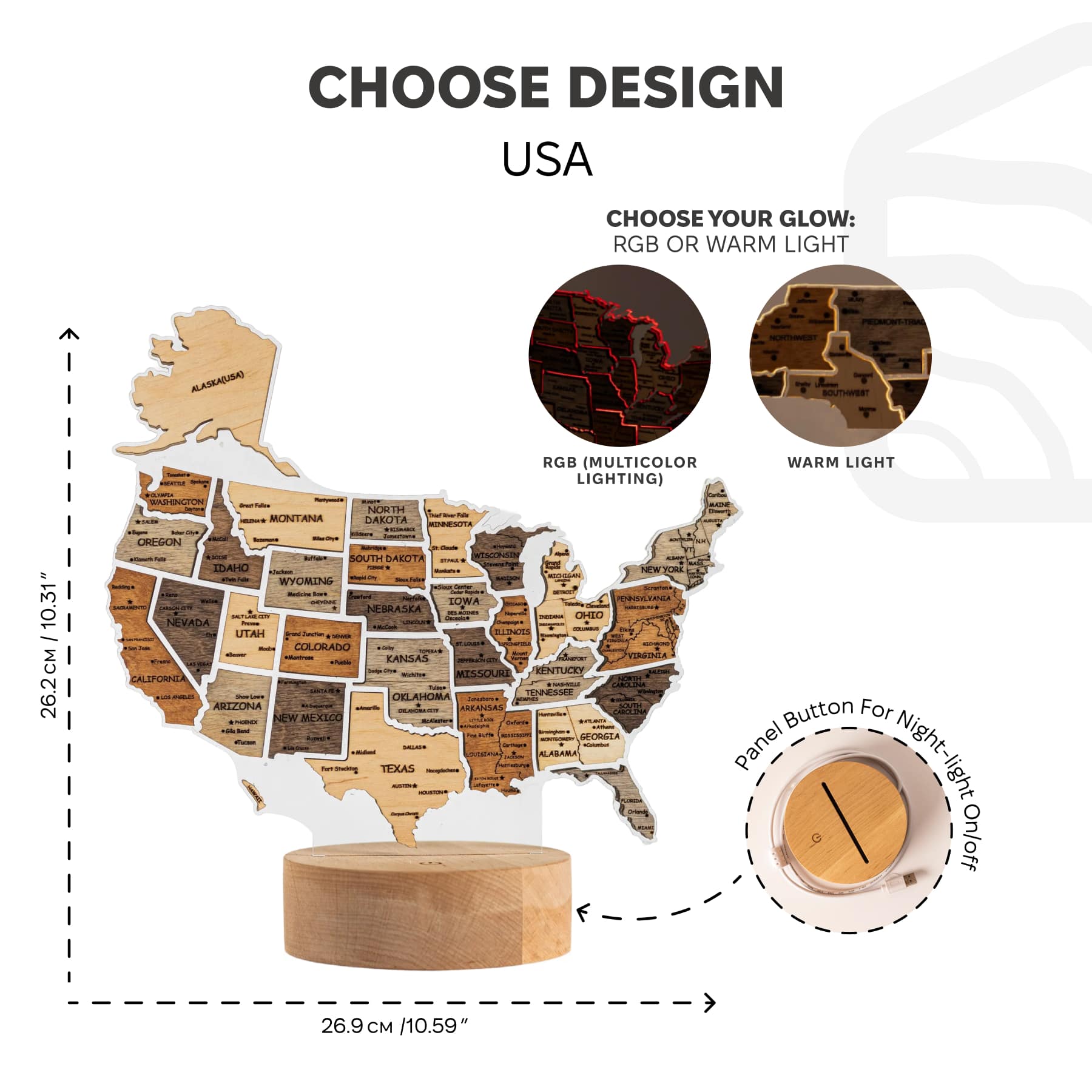 Wooden map of the USA with RGB and warm light options on a white background