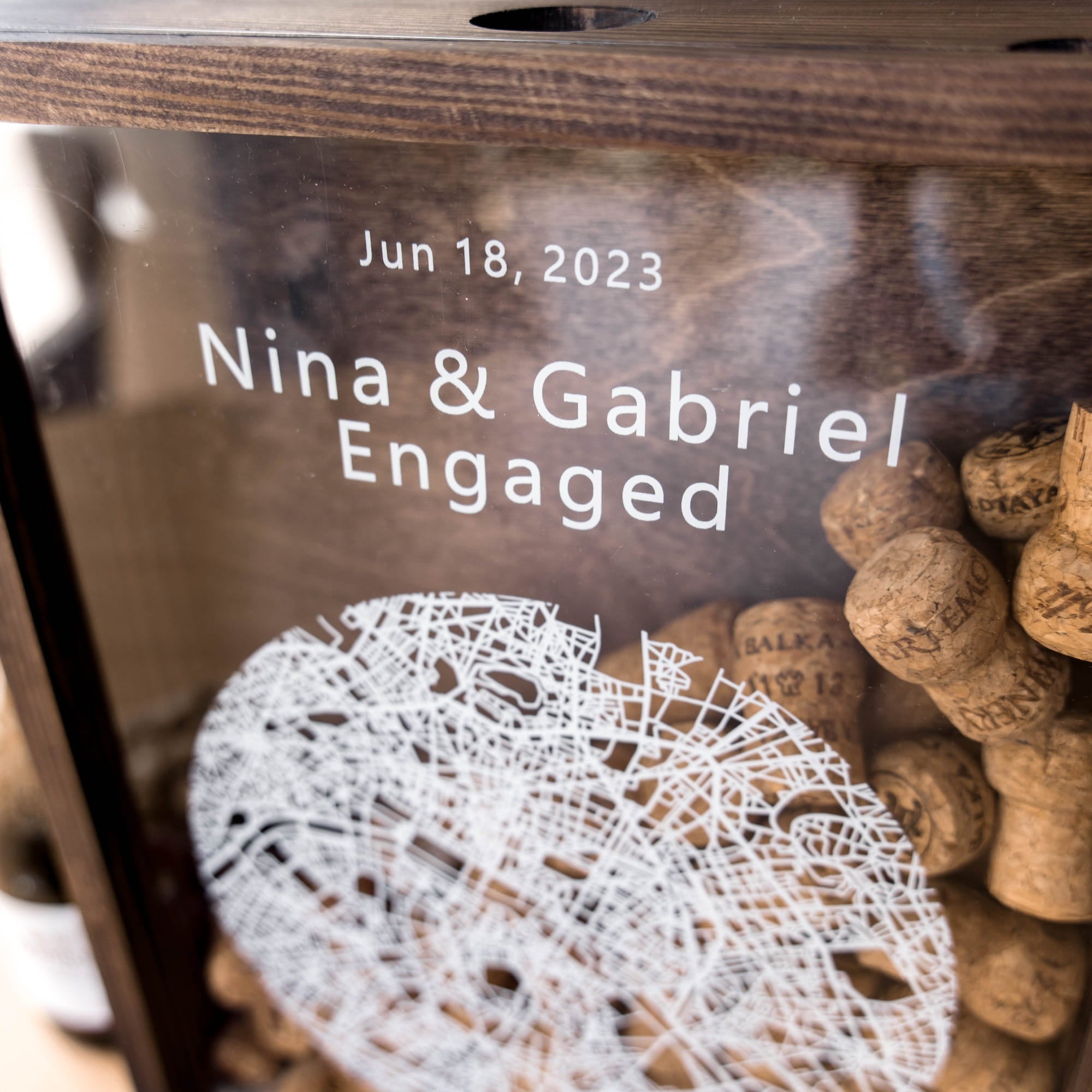 Close-up of a wooden engagement box