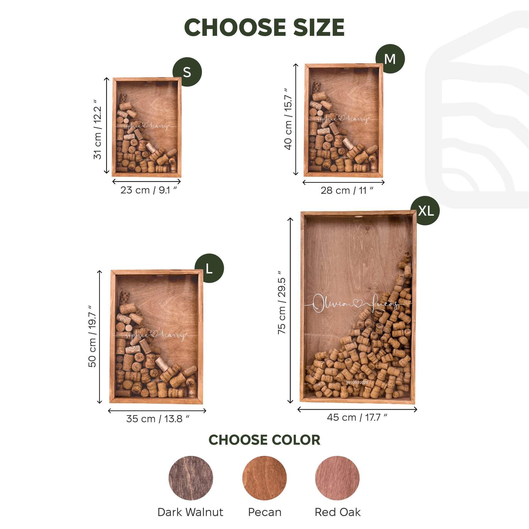 Size and color selection chart for a wooden ibox for cork