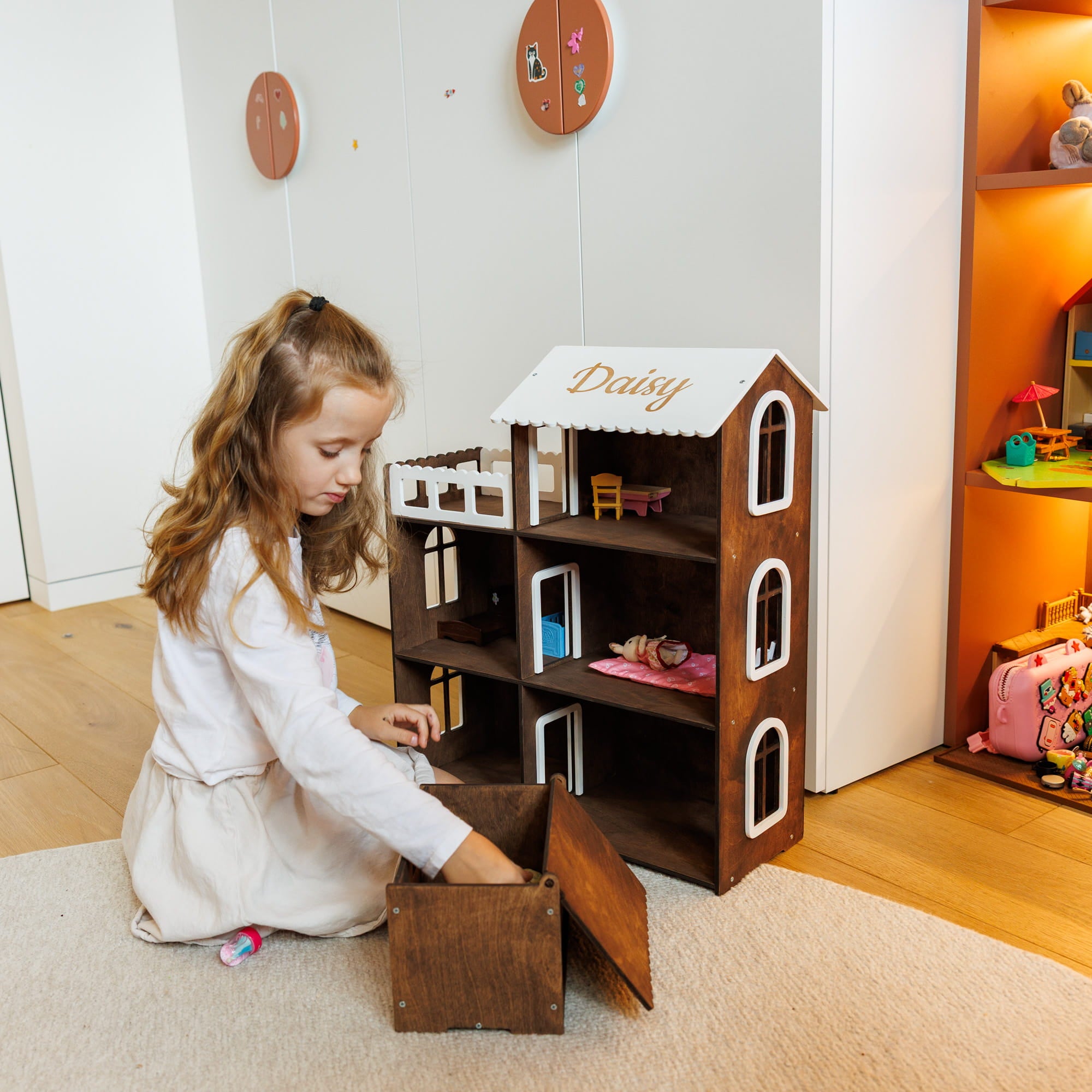 large personalized dark brown wooden dollhouse