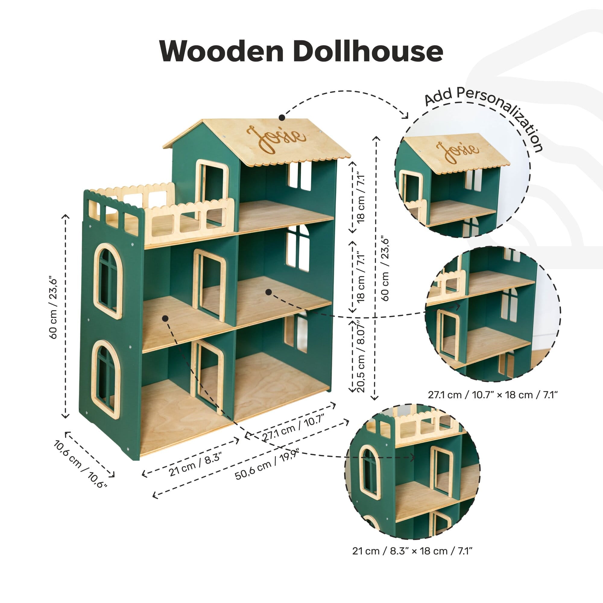 A wooden dollhouse shown on a white background with measurement callouts and inset detail circles. The title reads 'Wooden Dollhouse.