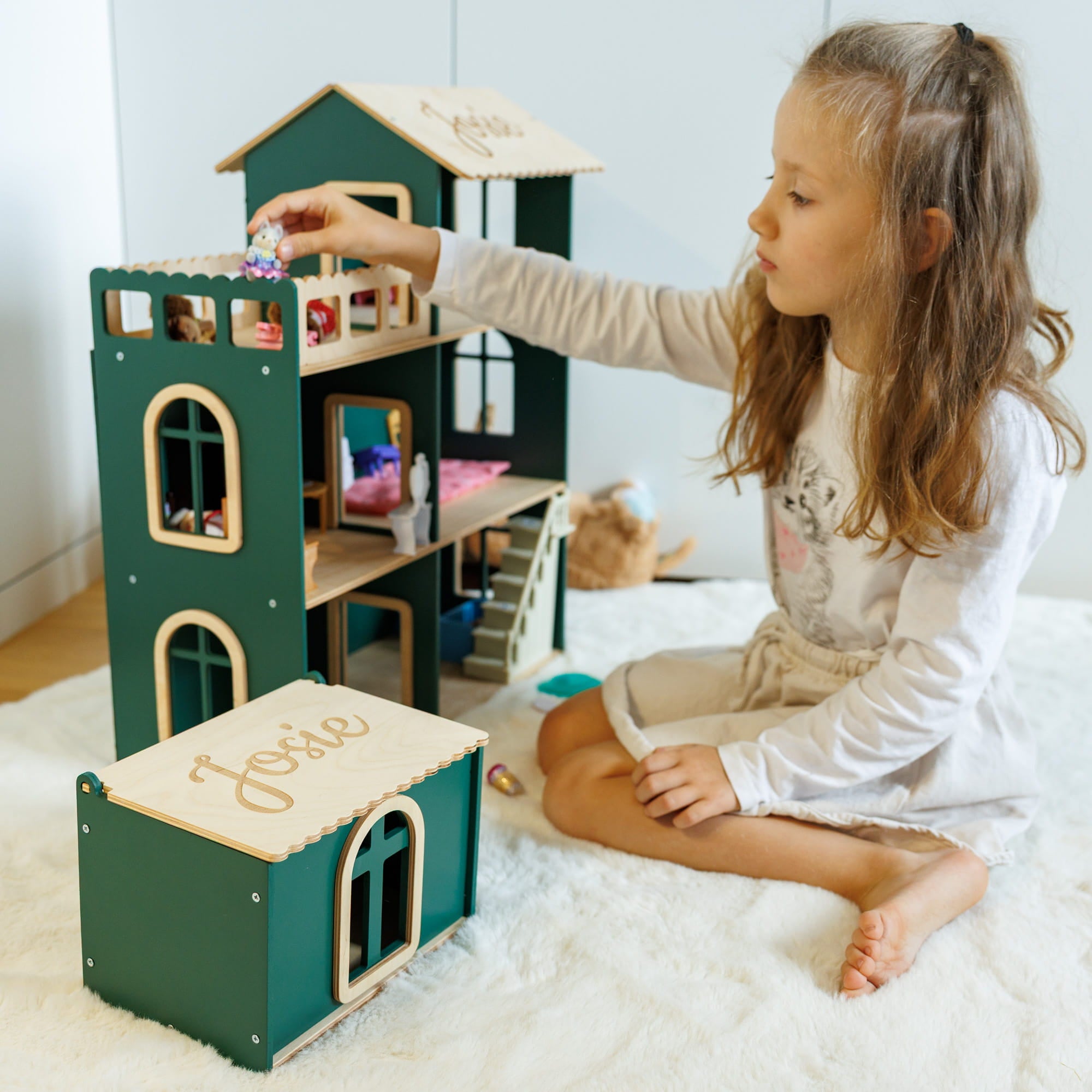 personalized dark green wooden dollhouse