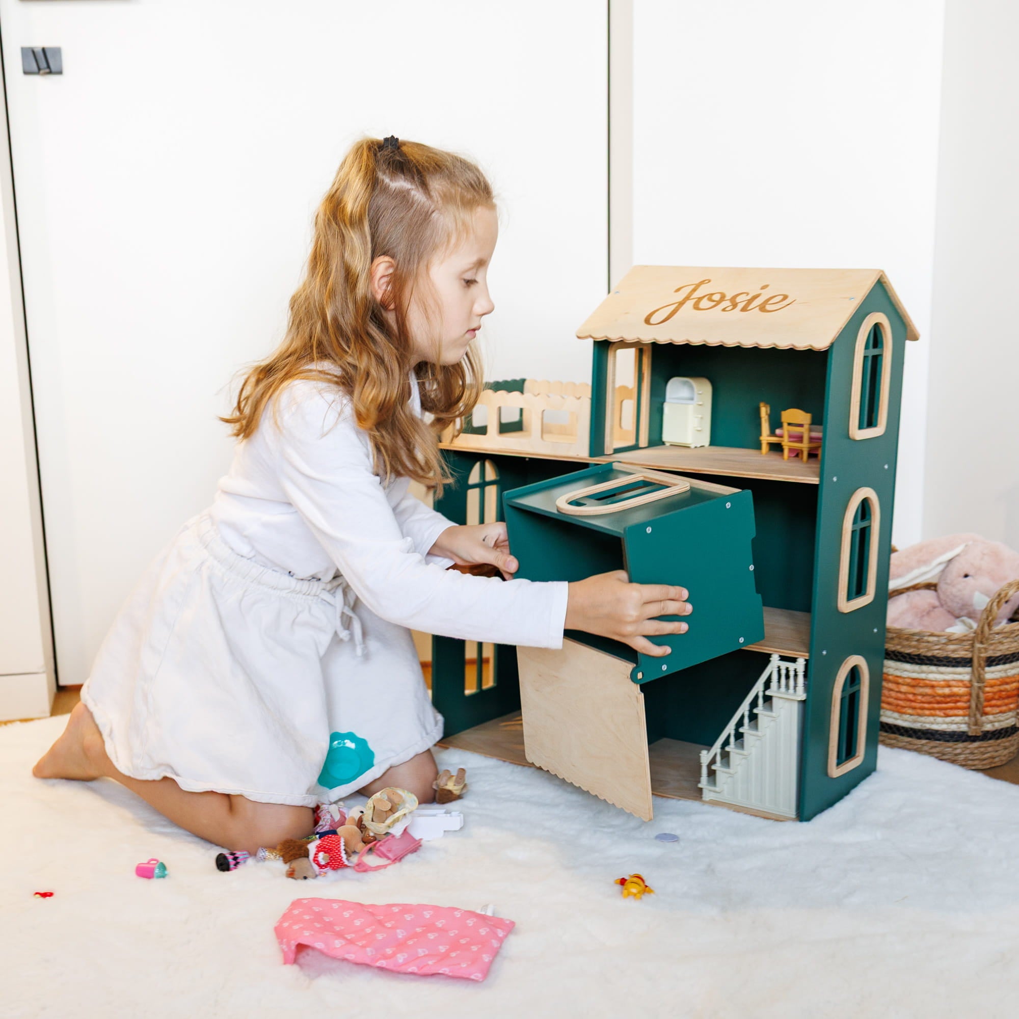 personalized dark green wooden dollhouse