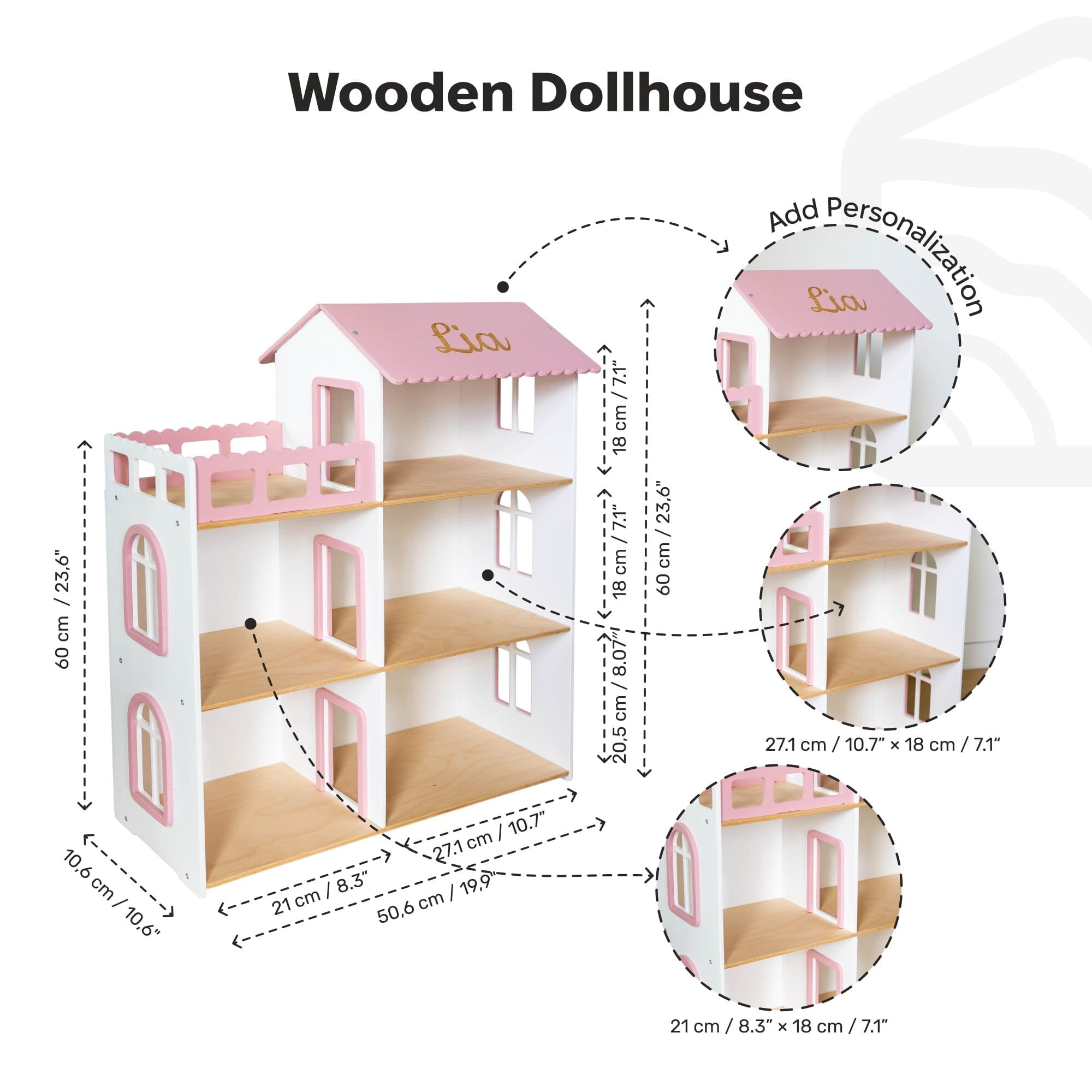 A wooden dollhouse with white walls and pink trim, shown with dimension callouts and inset detail circles on a light gray background.