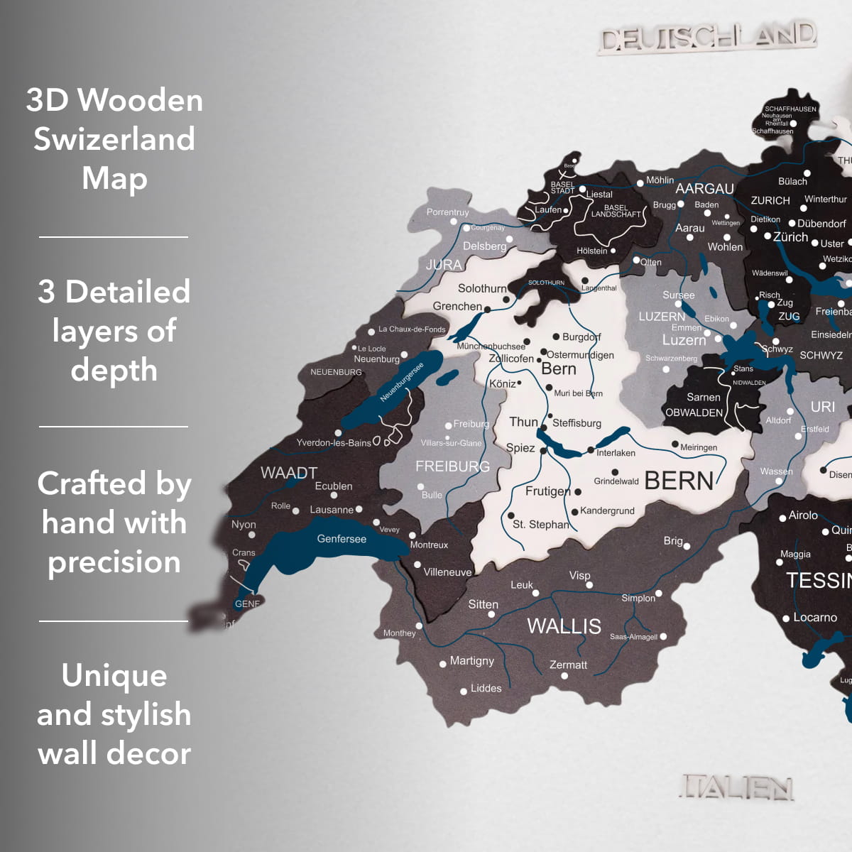 3D wooden Switzerland map with text describing its features on a gray background