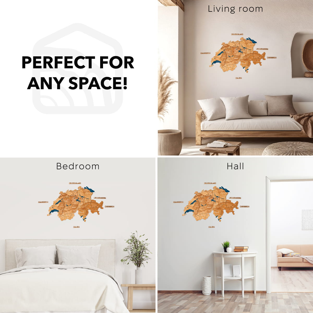 Map wall decal displayed in living room, bedroom, and hall settings with text 'Perfect for any space!'.