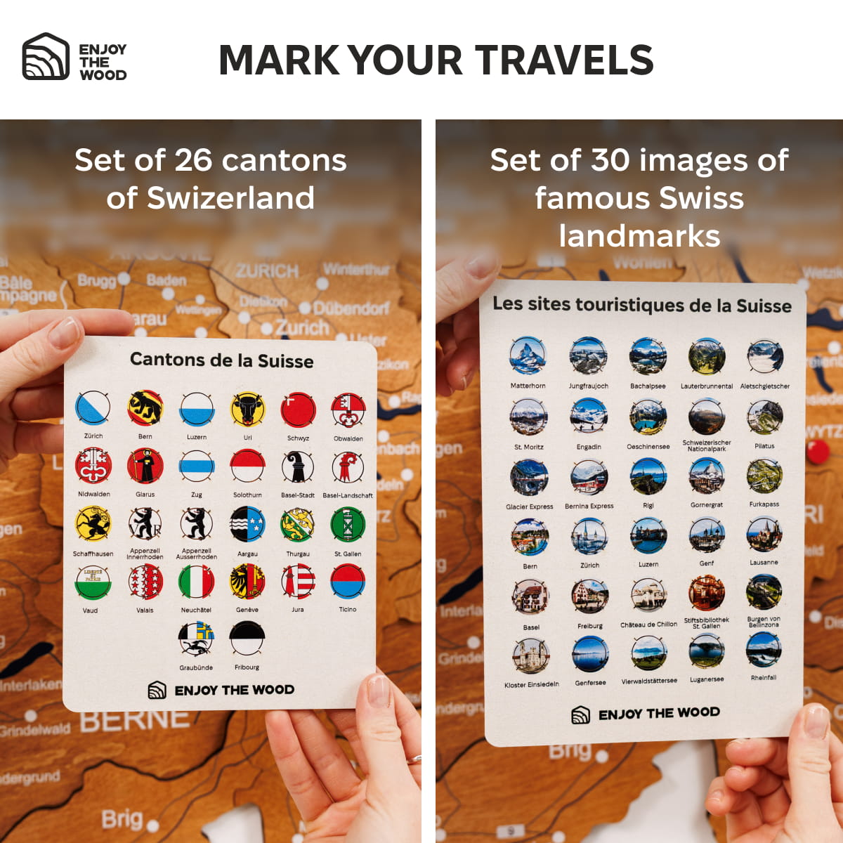 Two sets of cards featuring Swiss cantons and landmarks held over a map background.