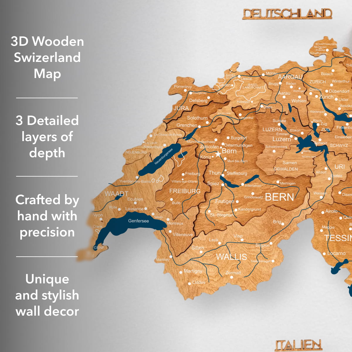 3D wooden Switzerland map with text describing its features on a gray background